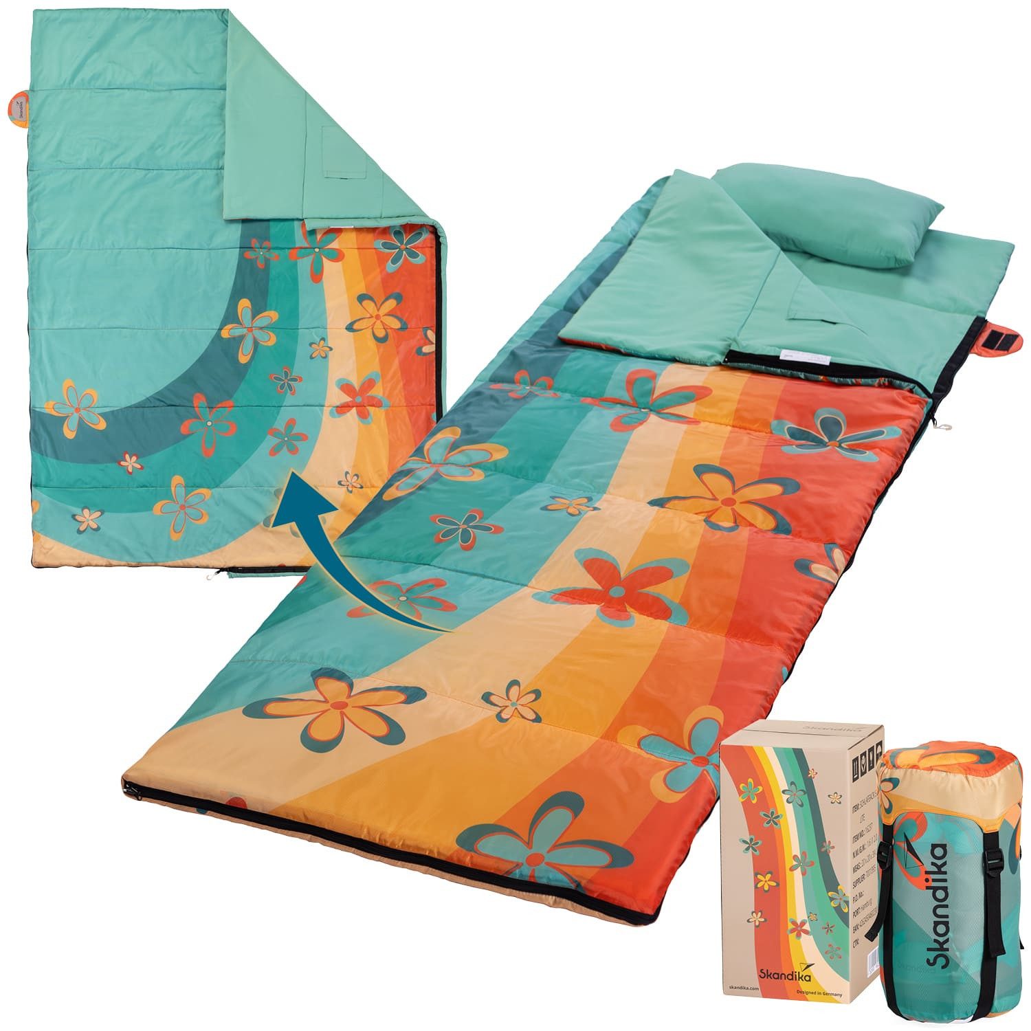 Skandika Deckenschlafsack für Erwachsene, Sovro Lite Rainbow, als Decke verwendbar (Packsack mit Kompressionsbändern und Schutzhaube), Schlafsack Outdoor für Erwachsene, 3 Jahreszeiten