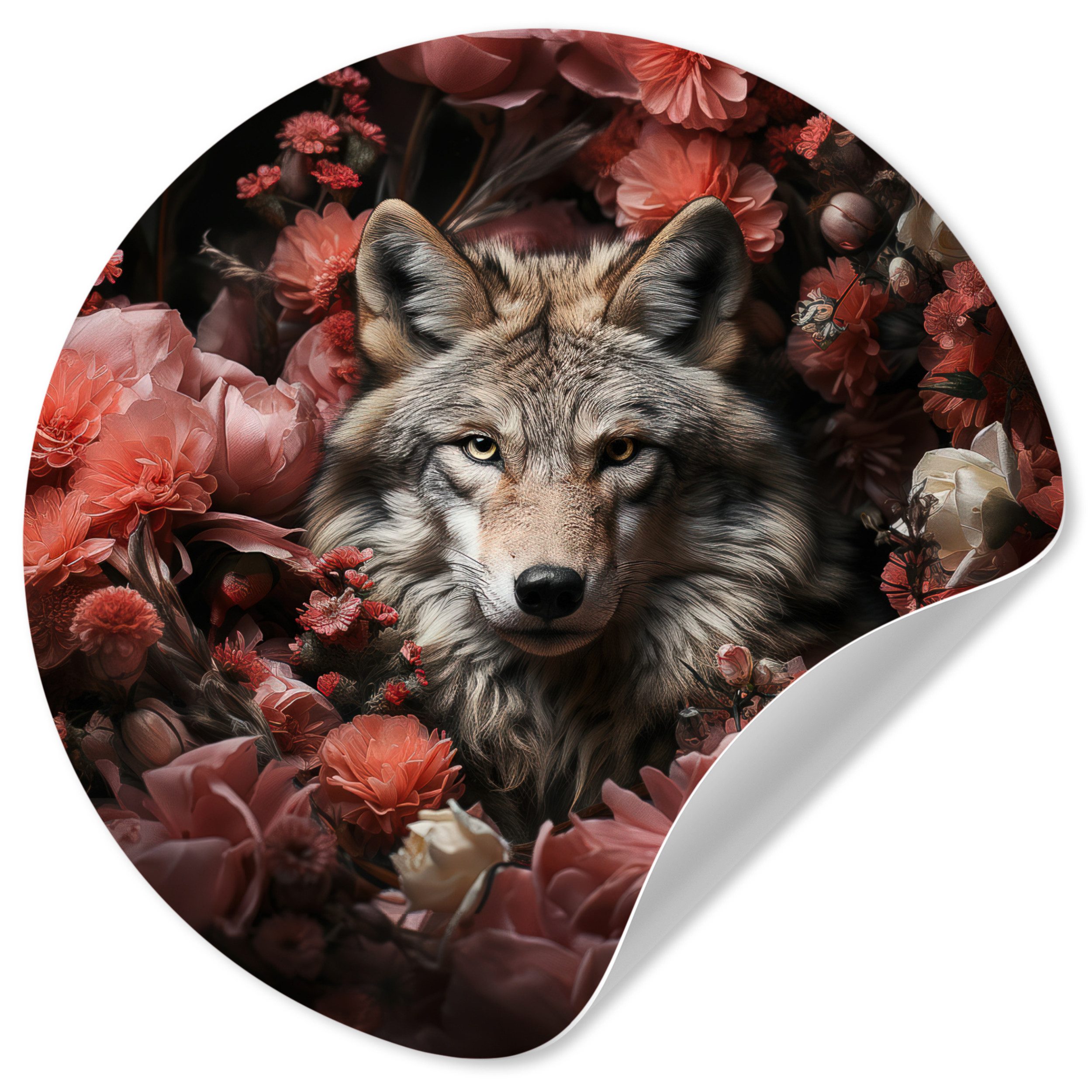 MuchoWow Wandsticker Wolf - Tier - Floral - Botanisch - Natur - Fantasie (1 St), Wandtattoo Selbstklebend, Wohnzimmer Deko Aufkleber, 30x30 cm