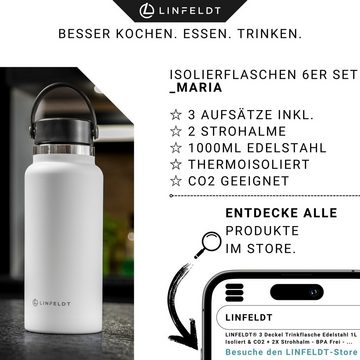 LINFELDT Trinkflasche 1000ml mit 2X Strohalm & 3 Deckeln + CO2 Ready 24H Kalt 12H Heiß, 3 Aufsätze + 2 Strohhalme