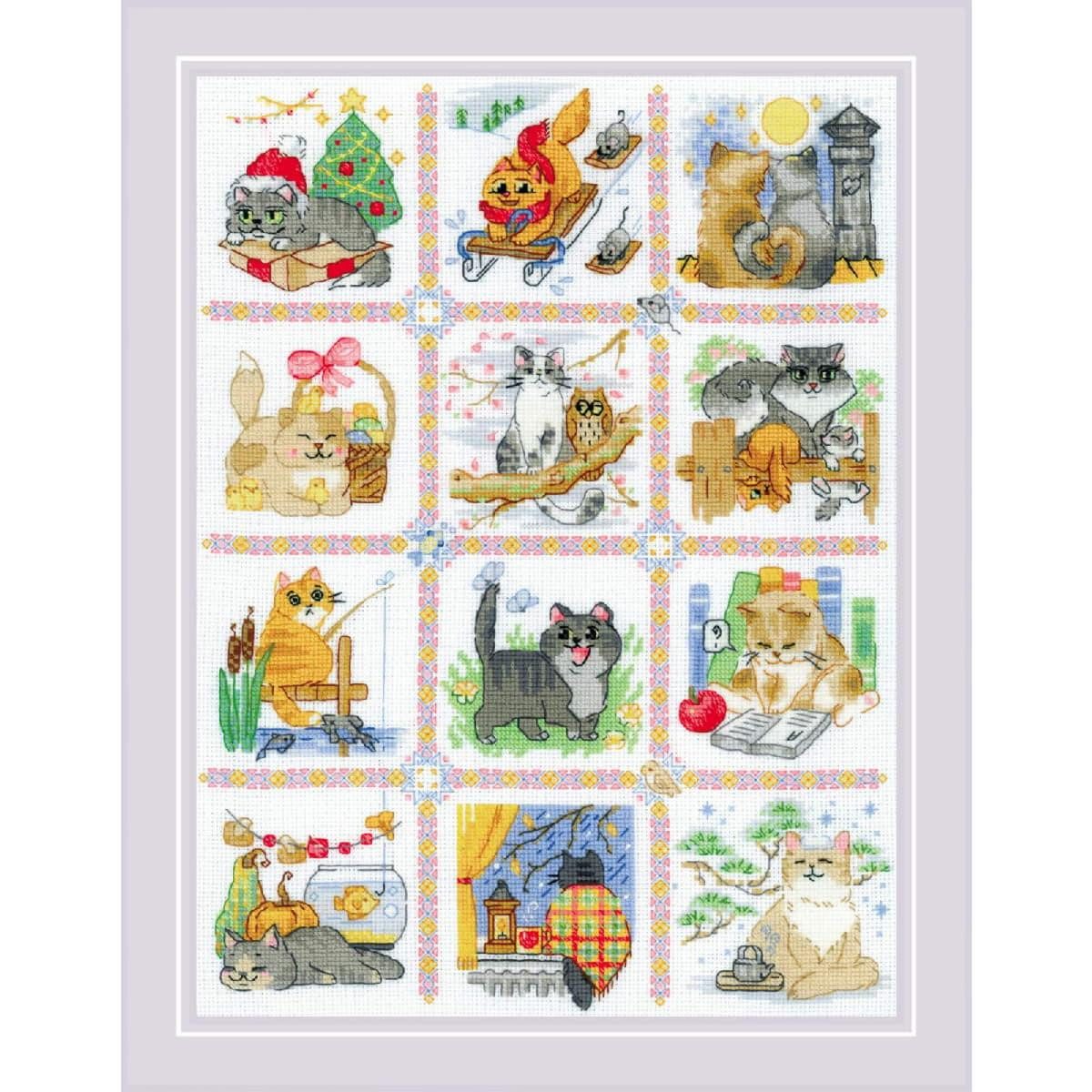 Riolis Kreativset Riolis Kreuzstich Set "Katzenkalender", Zählmuster, 30x40cm, (embroidery kit by Marussia)