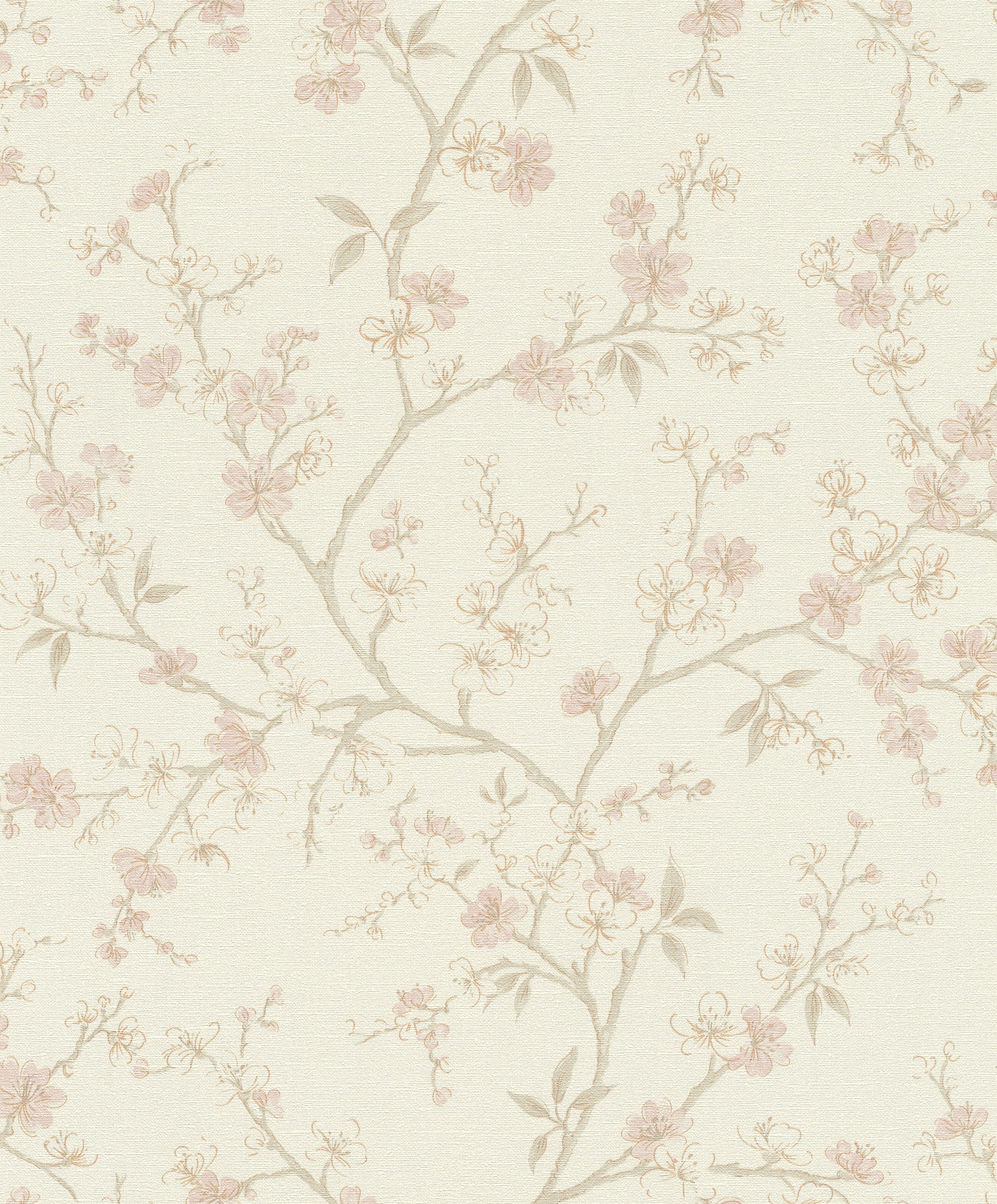 Rasch Vliestapete Kirschblüten & Zweige - Vinyltapete Beige Rosa, floral, glänzend, Textiloptik, (1 Rolle, 1 St., Kollektion 'Country Charme' - 10,05 m x 0,53 m), Lichtbeständige Farben - Feucht abwischbar - Restlost abziehbar