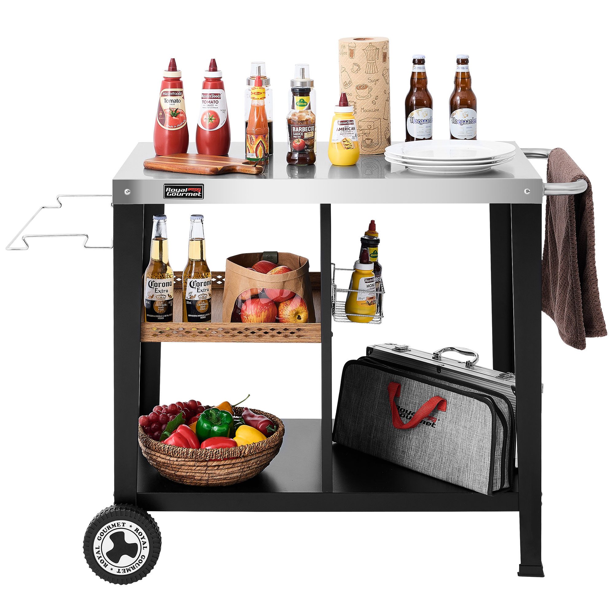 Royal Gourmet Grillablagetisch Grilltisch mit 85x50 cm Edelstahlplatte, 3-Etage Grillwagen, Mobiler Mehrzweck-Küchenwagen – Bild 4 von 5