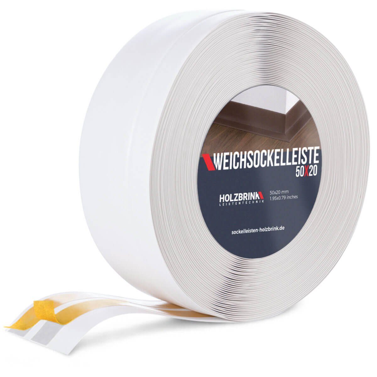 HOLZBRINK Sockelleiste PVC Weichsockelleiste selbstklebend 50x20mm Weiß, 20m Rolle, Küchenabschlussleiste Arbeitsplatte, Fensterleiste, Fensterabdichtung