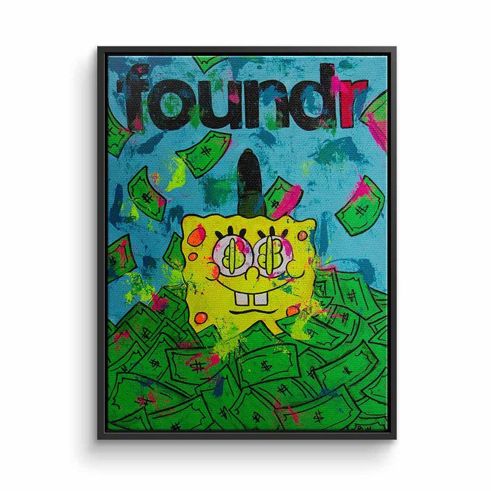 DOTCOMCANVAS® Rahmen goldener Rahmen blau Geld Leinwandbild, Spongebob Leinwandbild mit premium money grün