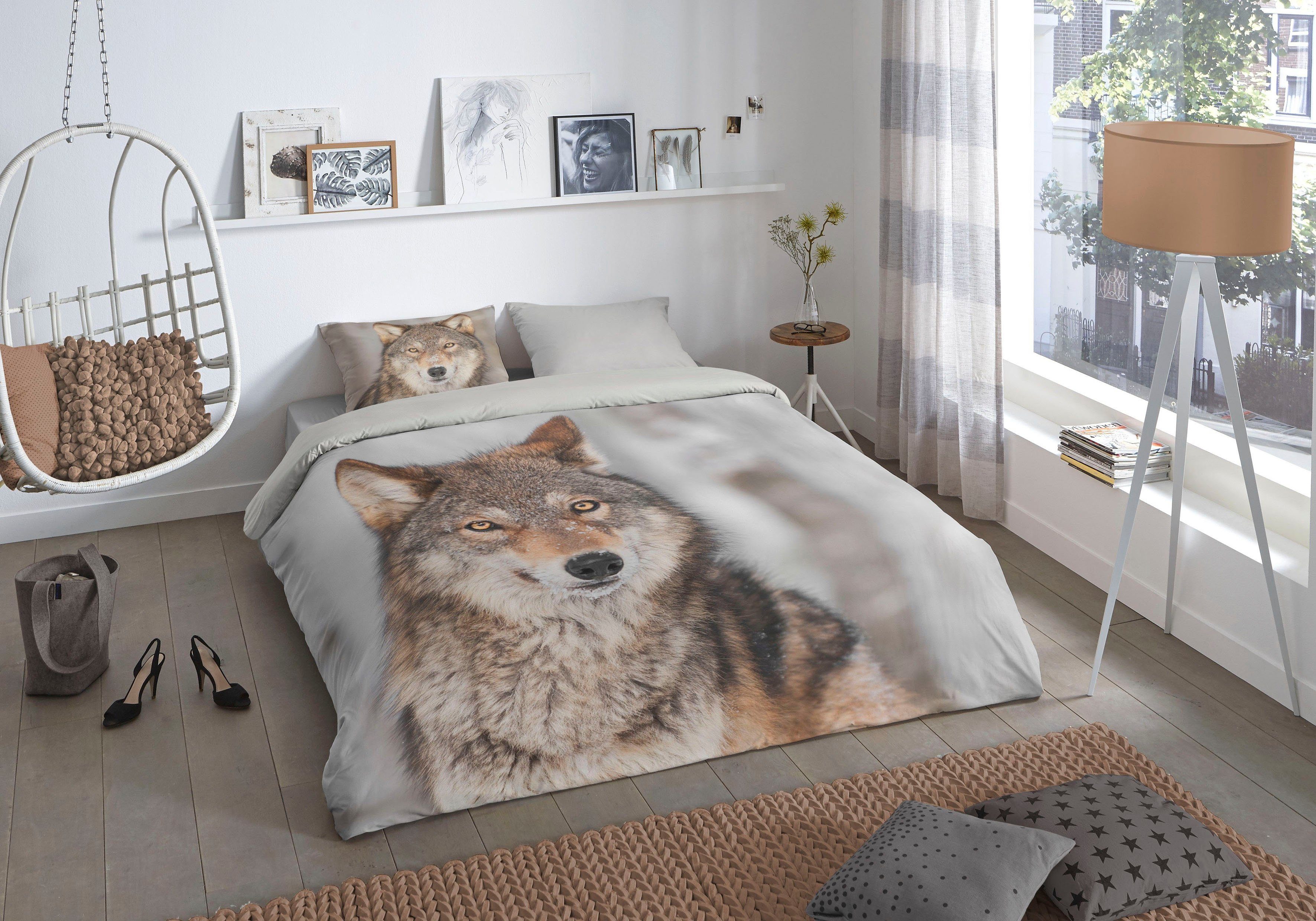 good morning Wendebettwäsche Wolf, Flanell, 2 teilig, Biber, 135x200, Winter, Warm, Reißverschluss, Wendeoptik, Wolf