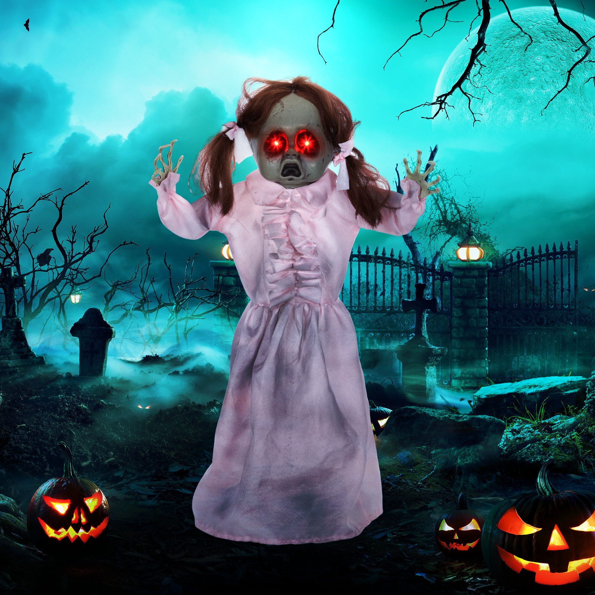 HOMCOM Dekofigur Halloween Deko Outdoor Animiert Sprechende mit Leuchtenden Augen (Geisterpuppe, 1 St., Halloween-Dekoration), in Lebensgröße für Party