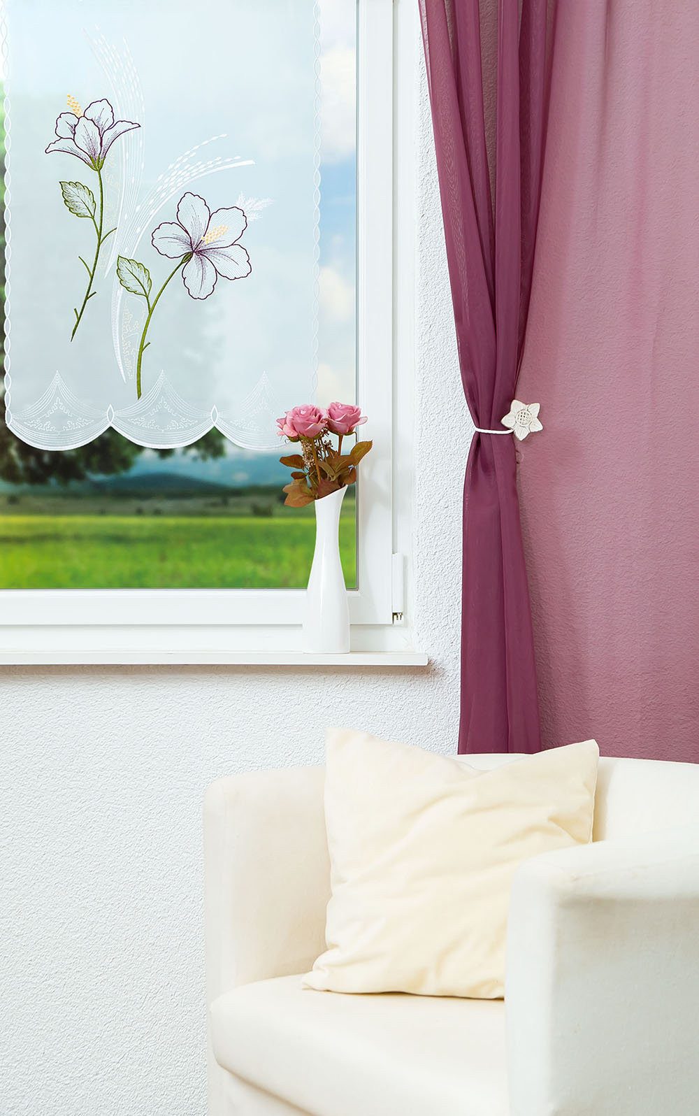 Plauener Spitze® Scheibengardine Blume (1 St), transparent, HxB 70x49cm