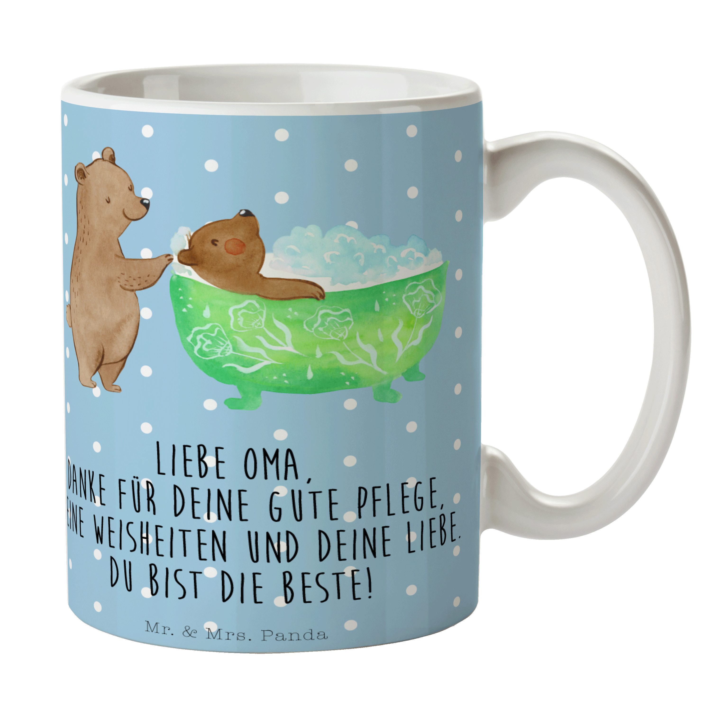 Mr. & Mrs. Panda Tasse Oma Baden, Kaffeetasse, Blau Pastell, Kaffeebecher, Großmutter, Liebe, 1-tlg., Keramik
