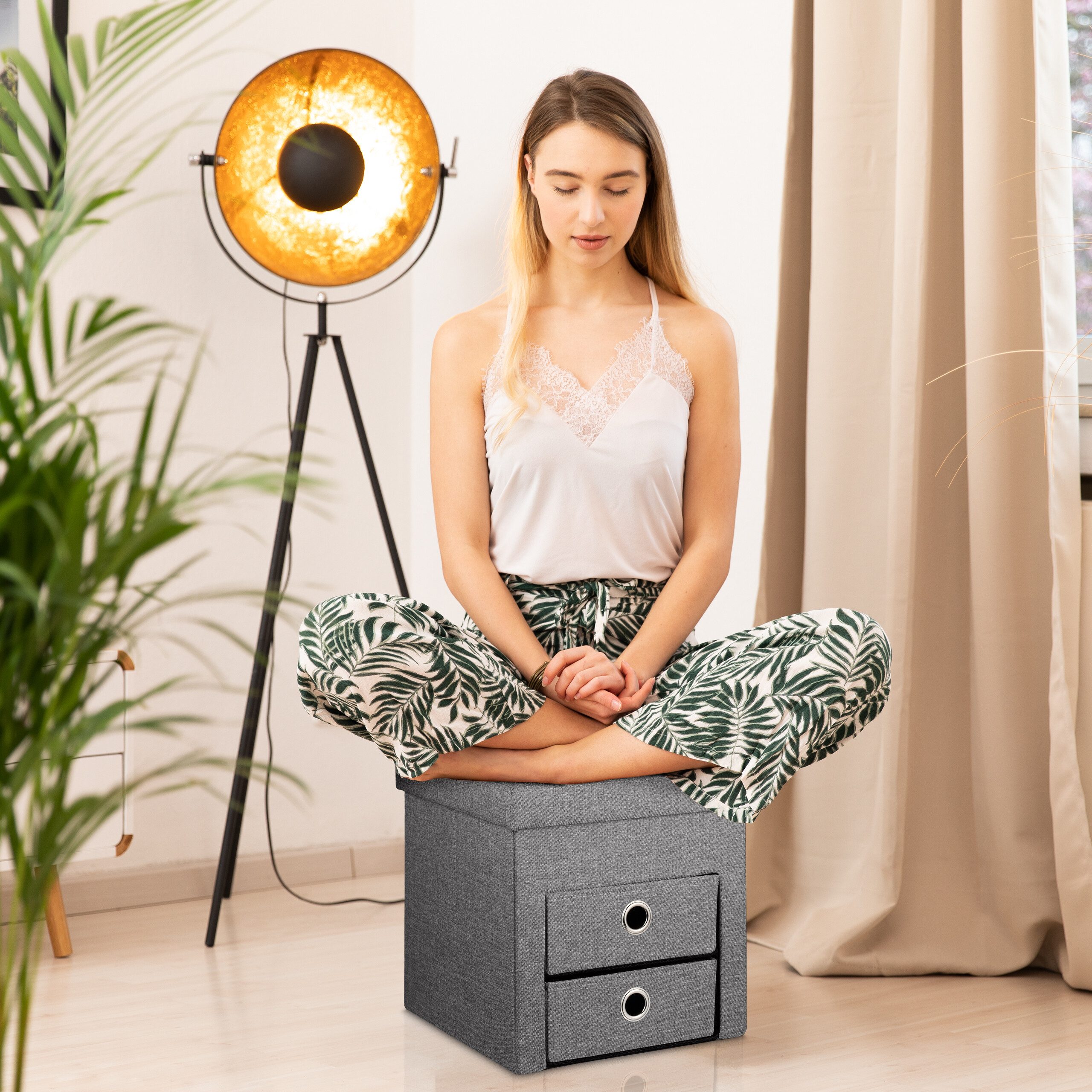 relaxdays Stauraumhocker Sitzhocker mit Stauraum 2 Schubladen, Dunkelgrau