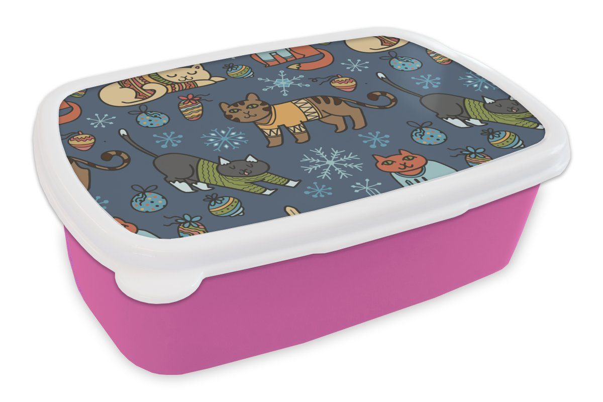 MuchoWow Lunchbox Katze - Tiere - Weihnachten - Muster, Kunststoff, (2-tlg), Brotbox für Erwachsene, Brotdose Kinder, Snackbox, Mädchen, Kunststoff rosa