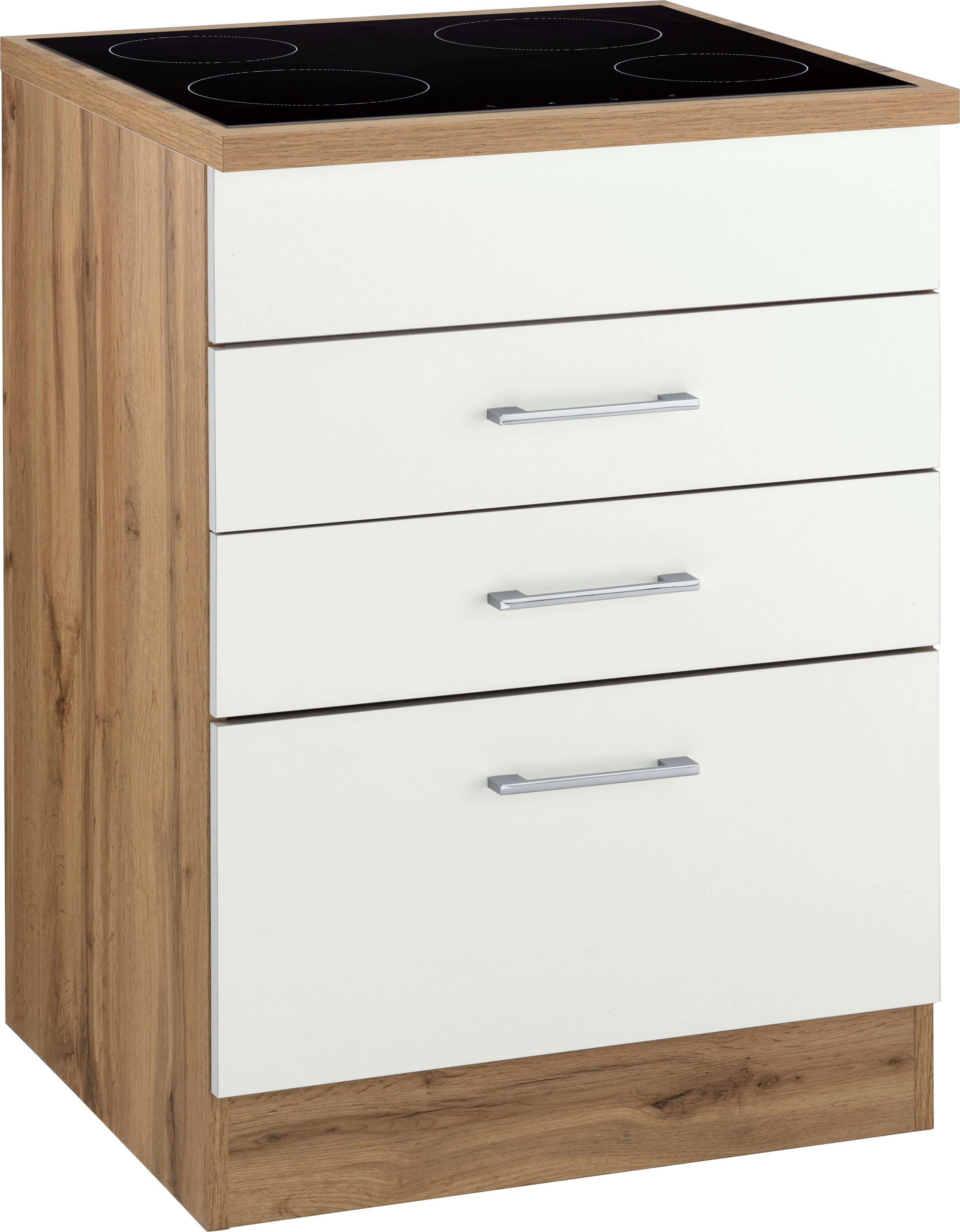 KOCHSTATION Kochfeldumbauschrank KS-Colmar 60 cm, mit Metallgriff, 2 Schubkästen und 1 Auszug