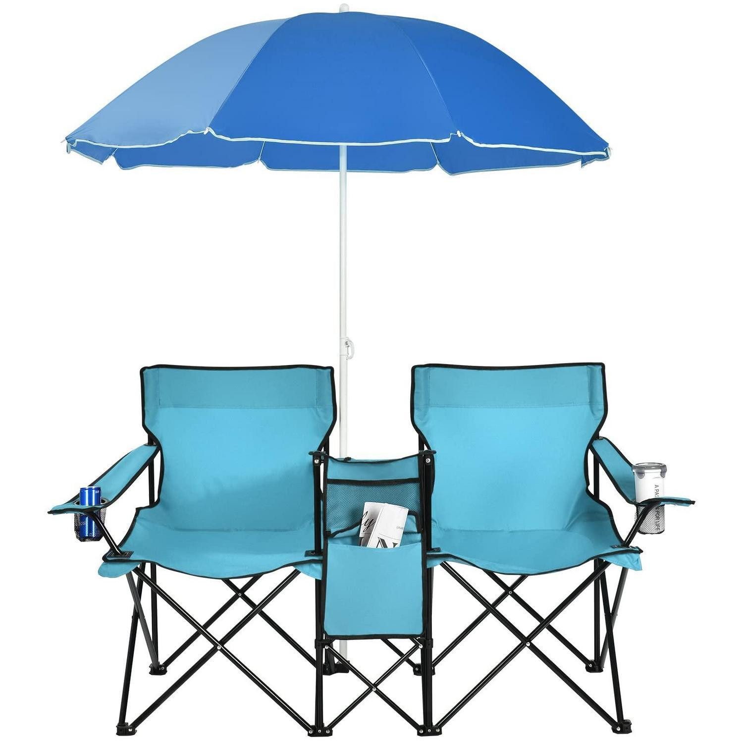 LuxusKollektion Campingstuhl Doppelsitzer Campingstuhl türkis mit Sonnenschirm (1 St)