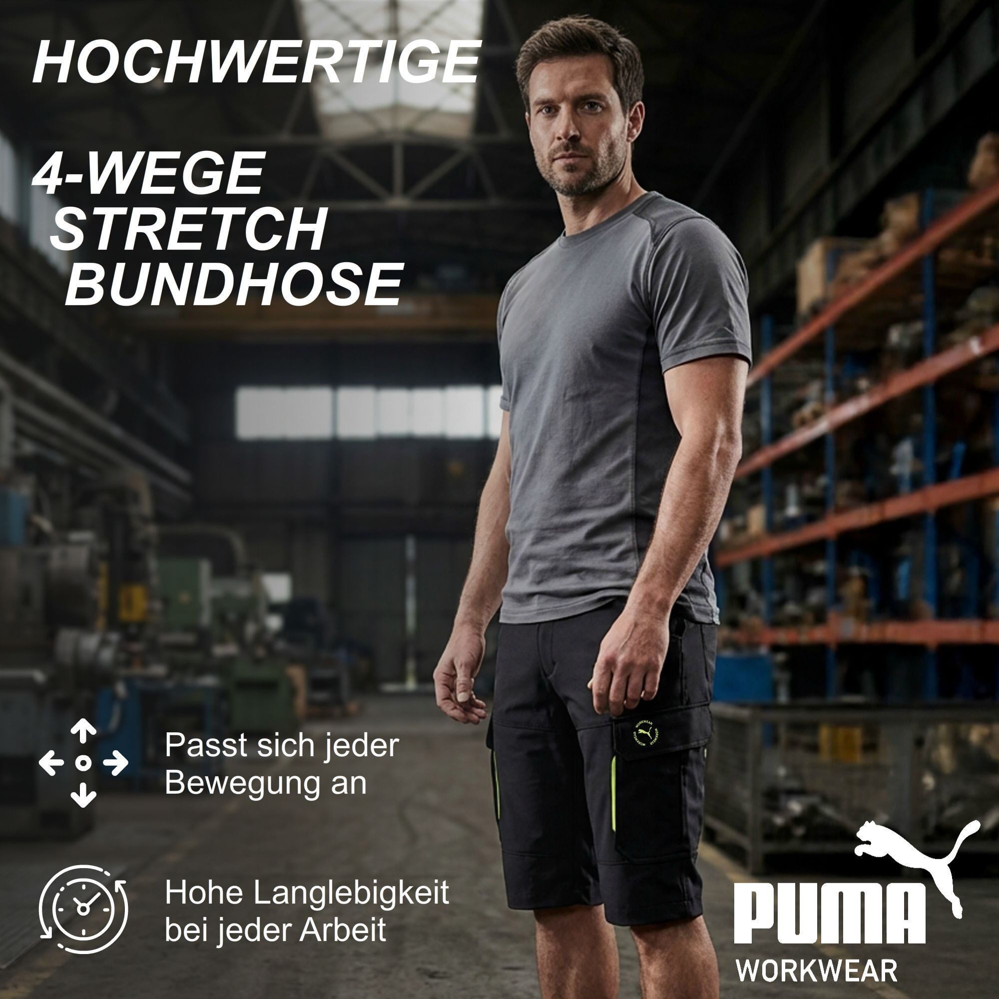 PUMA Workwear Arbeitsshorts Kurze Arbeitshose Herren - Mit 4-Wege Stretch - Erhöhtes Rückenteil Robust mit verstärkten Taschen durch 100% Nylon - Gummizug im Bund