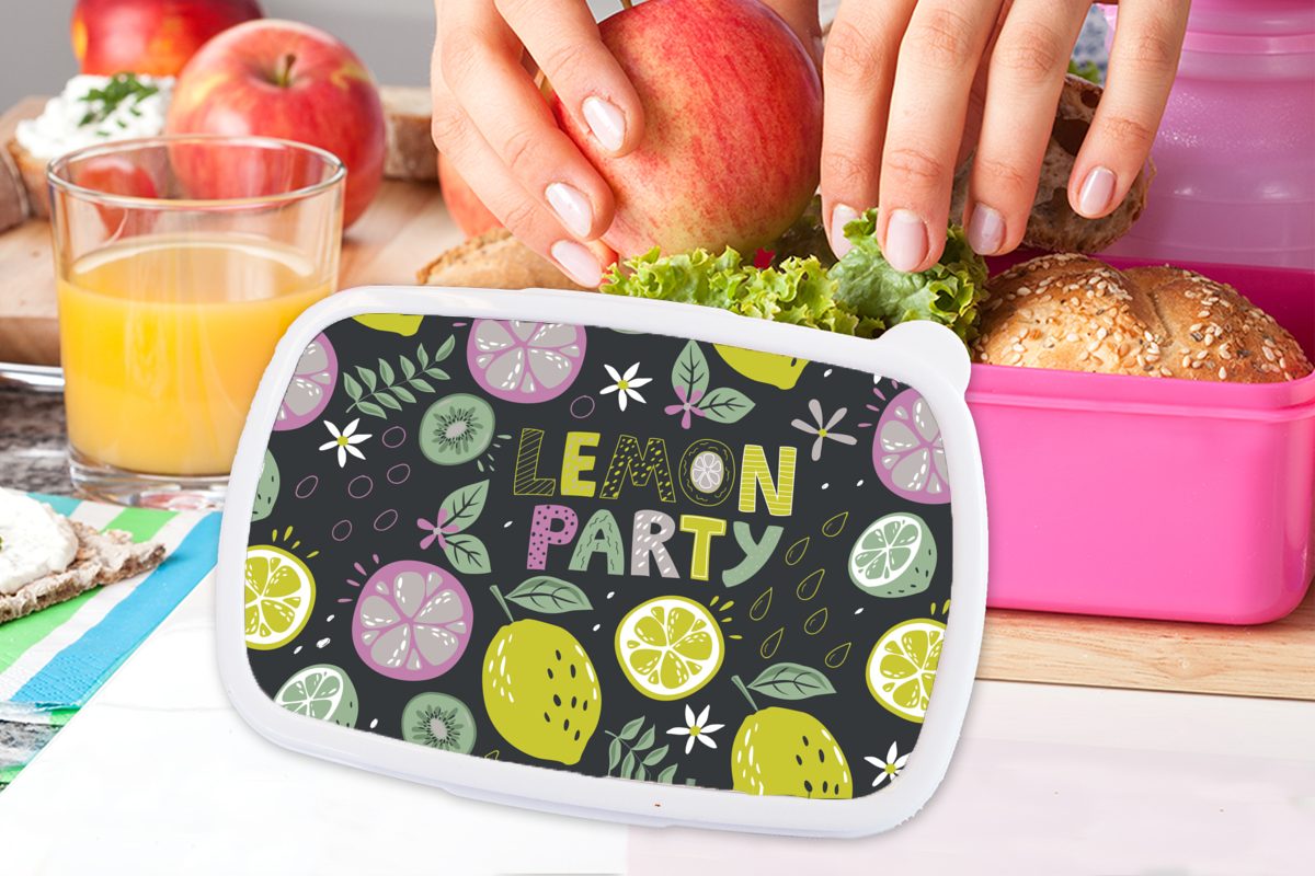 MuchoWow Lunchbox Summers - Zitat Brotbox Snackbox, Schwarz, Erwachsene, für - Brotdose Kinder, (2-tlg), Zitronen rosa Mädchen, - Kunststoff, Kunststoff