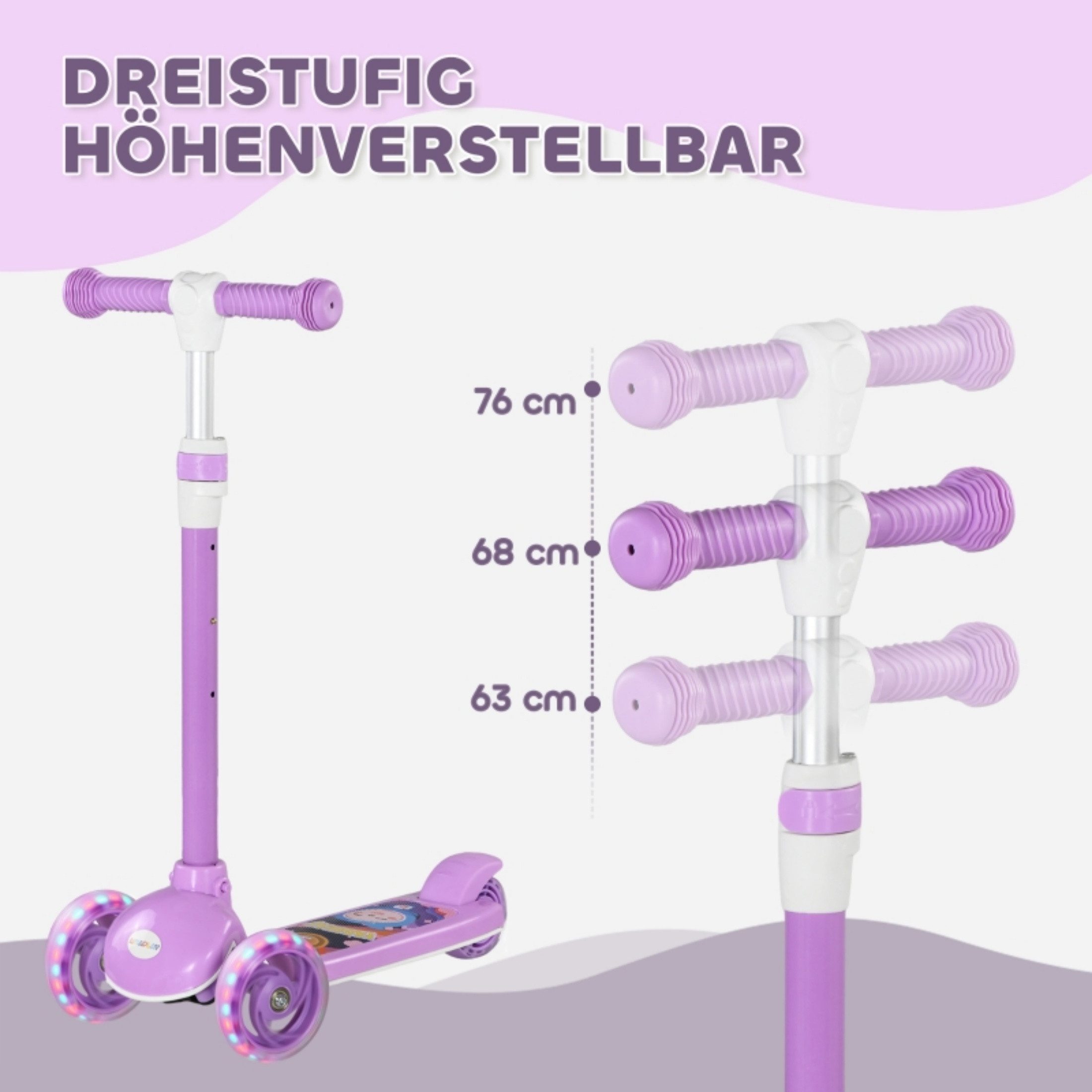 autolock Cityroller Scooter Roller Kinderroller mit LED-Rädern, höhenverstellbar, faltbar, sicherer Tretroller aus Kunststoff/Stahl, Lila, für 2–6 Jahre