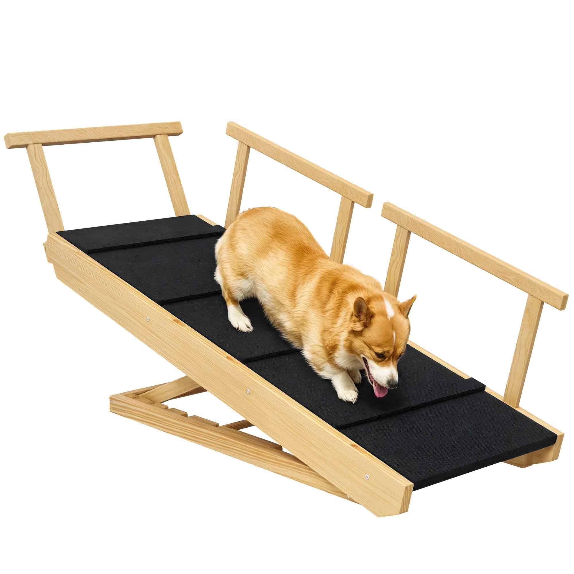 PawHut Hunderampe für Bett und Couch, mit Geländer, Anti-Rutsch-Pad, 85 cm (Hundetreppe, 1-St., Haustier-Rampe), für Haustiere unter 40kg, Naturholz