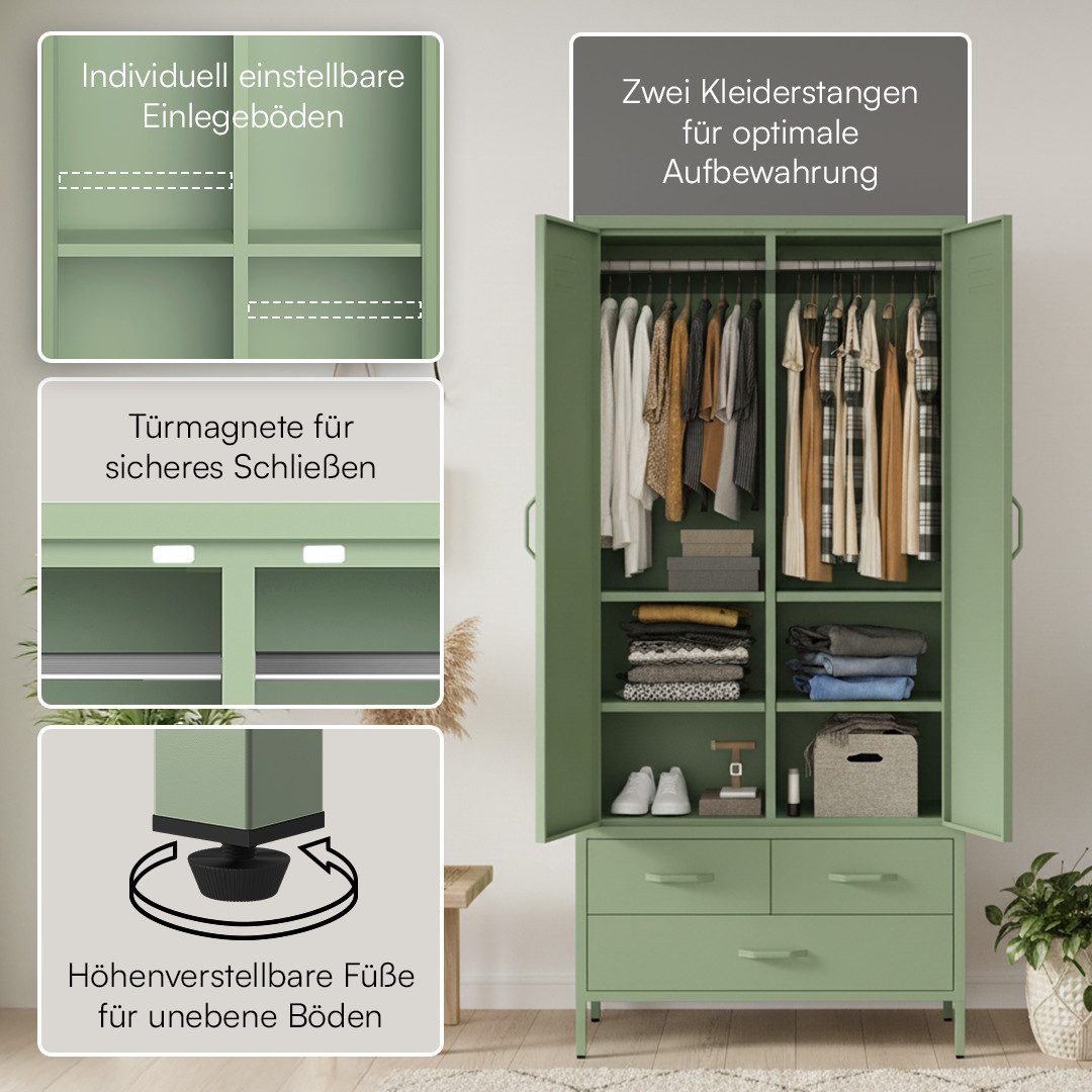 skølm Kleiderschrank Atria aus Metall (Mintgrün) Metallschrank mit 6 Fächern, 3 Schubladen & 2 Kleiderstangen