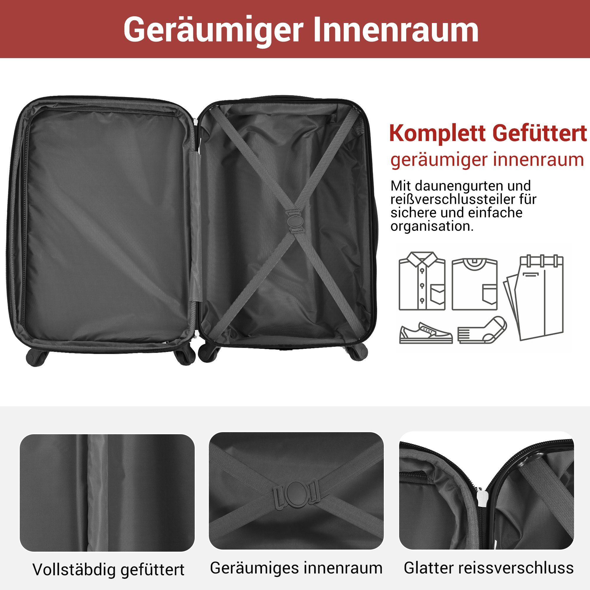 Reisekoffer Flieks Handgepäck-Trolley Rollen, 4 Hartschalenkoffer Geschäftsreisekoffer Rot Hartschalen-Trolley,