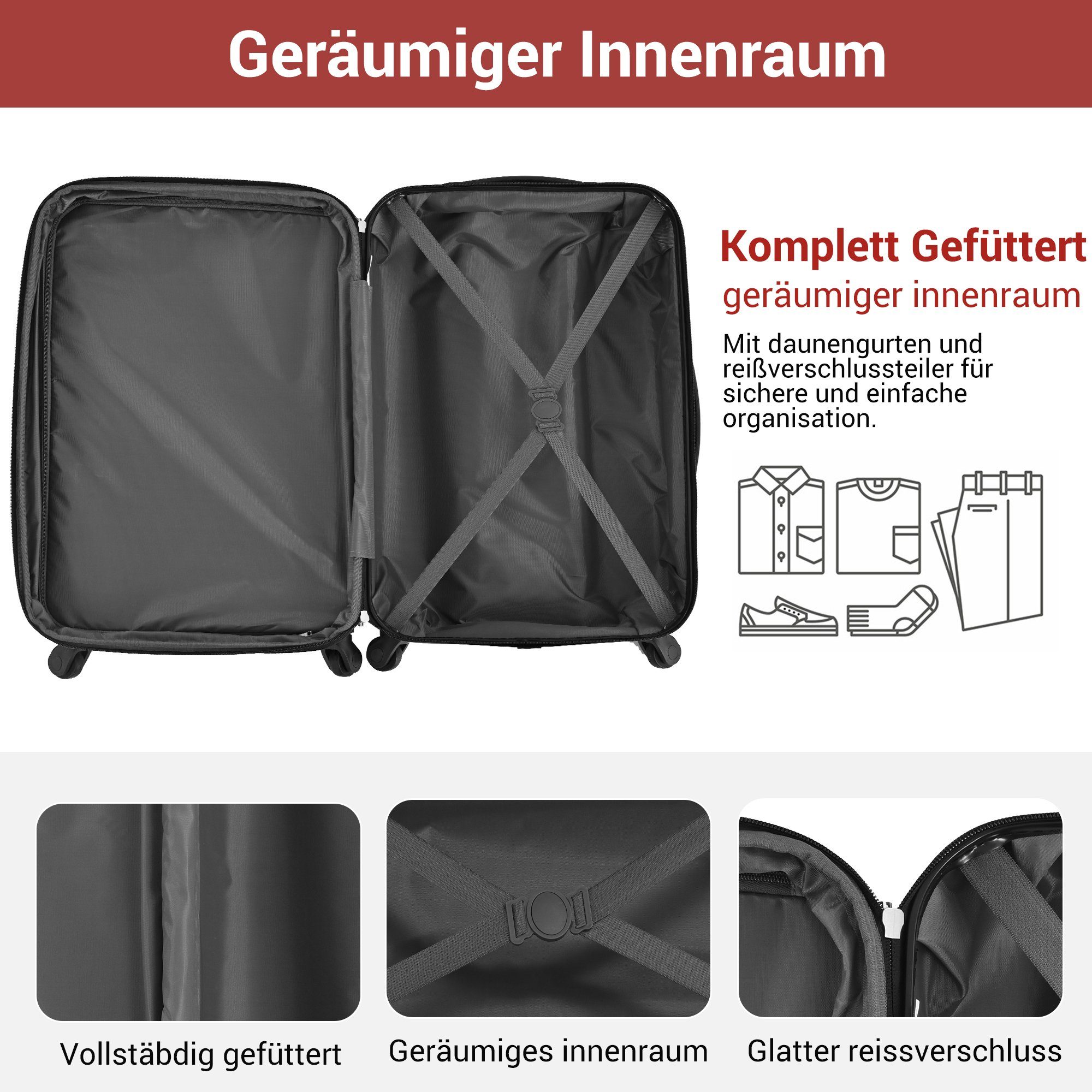 Flieks Hartschalen-Trolley, 4 Rollen, Hartschalenkoffer Handgepäck-Trolley Reisekoffer Geschäftsreisekoffer