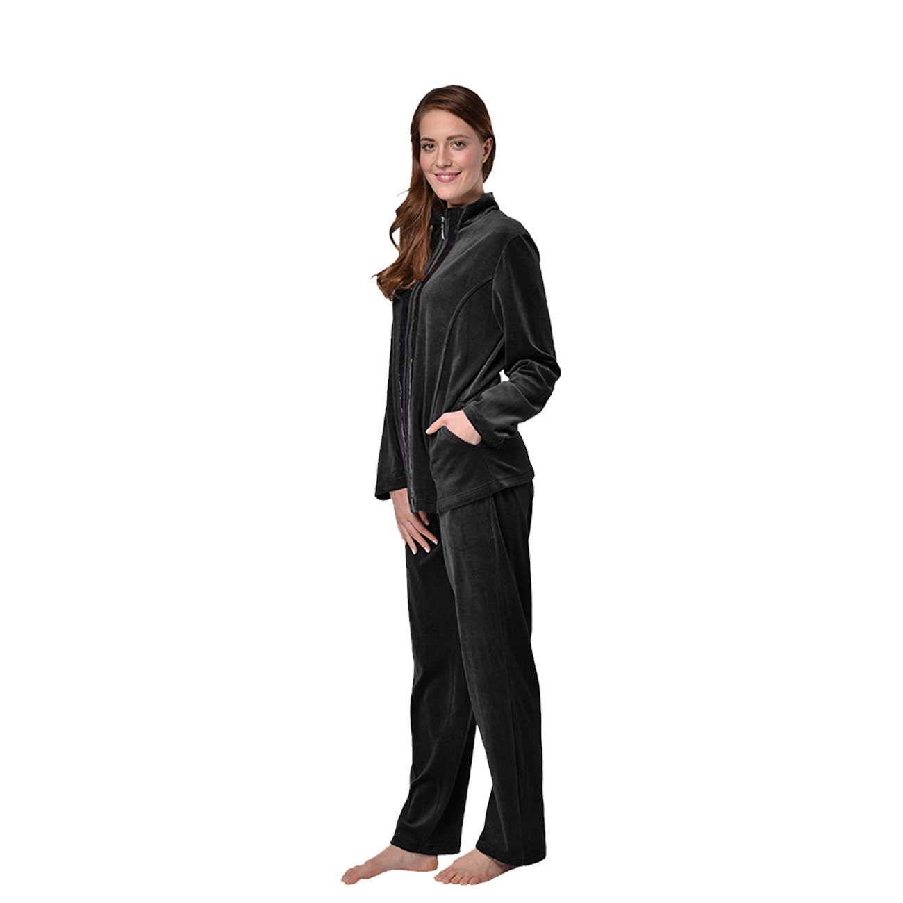 Nicki-Anzug zwei Damen Freizeitanzug Velours RAIKOU schwarze tlg) Paillettenreihen (2 glänzende, Hausanzug Hausanzug