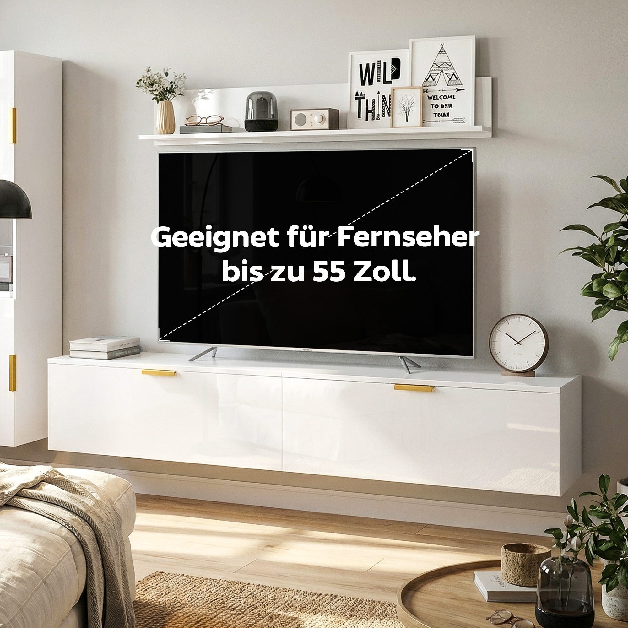 HOMCOM TV-Regal 3-teiliges TV Set, Fernsehschrank Fernsehtisch mit Klapptüren, Wohnwand Wohnzimmer 1-tlg., für Fernseher bis 55", Hochglanzweiß – Bild 5 von 5