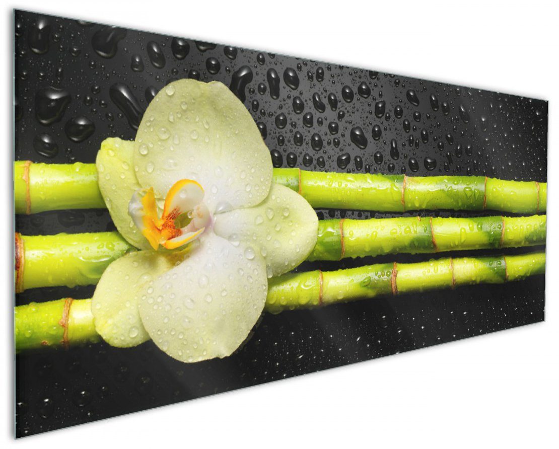Wallario Küchenrückwand Grüne Orchidee mit Bambus auf schwarz - Regentropfen, (1-tlg)