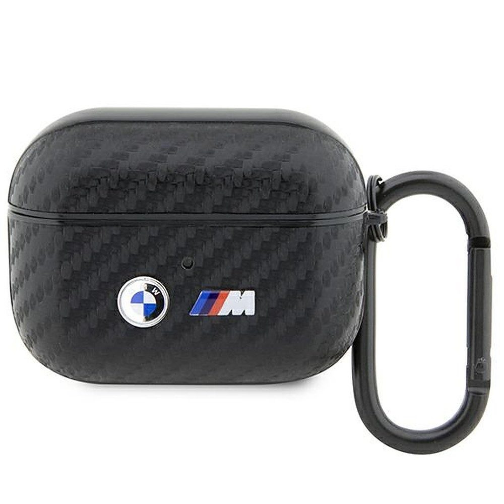 BMW Kopfhörer-Schutzhülle Ohrhörerhülle Ladeschalenschutz Karabinerhülle, Carbon-Optik, Metall-Logos, Karabinerring, leicht
