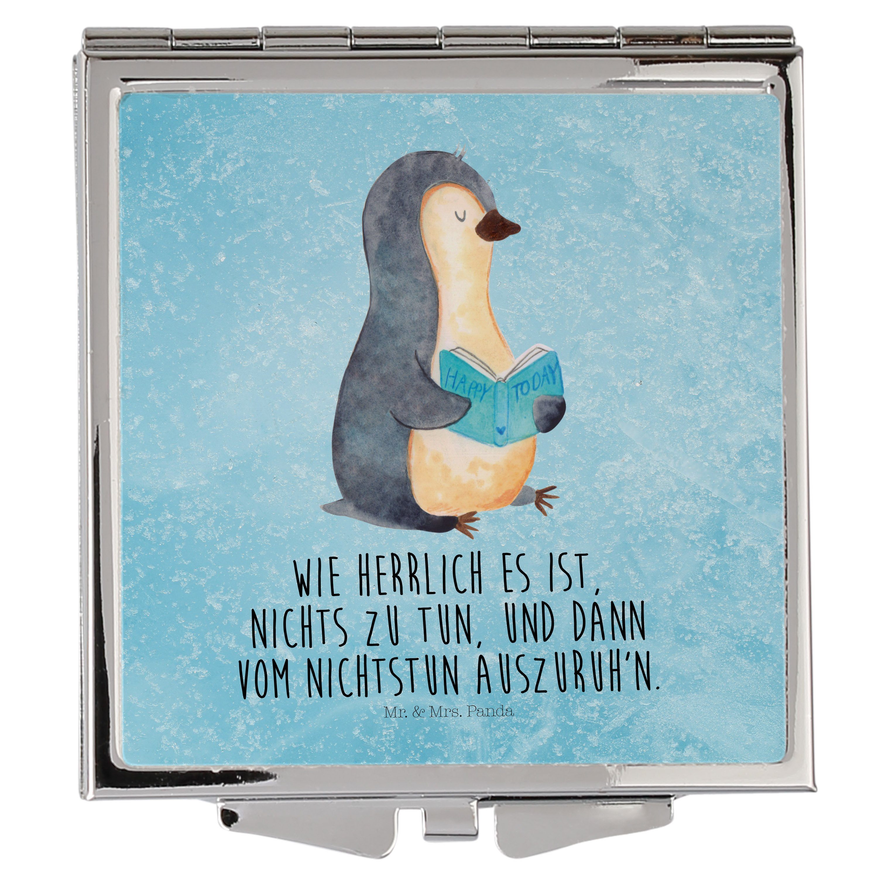 Mr. & Mrs. Panda Kosmetikspiegel Pinguin Buch - Eisblau - Geschenk, Quadrat, Urlaub, Spiegel, silber, (1-St)