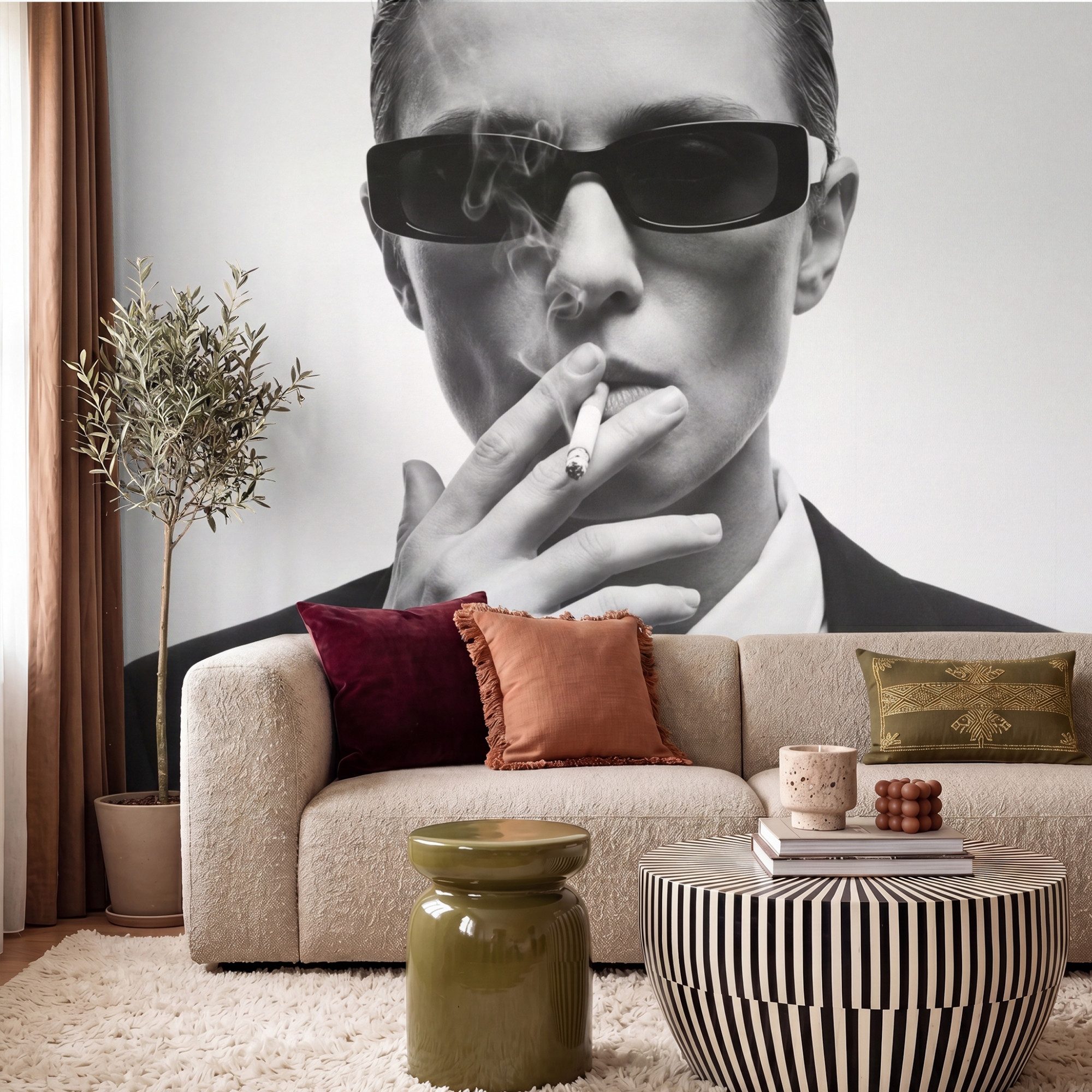 OnlyWow Fototapete Porträt - Anzug - Rauchen - Schwarz - Weiß - Hart, Matt, bedruckt, Wandtapete, Wohnzimmer, Vinyl Tapete 260x220cm