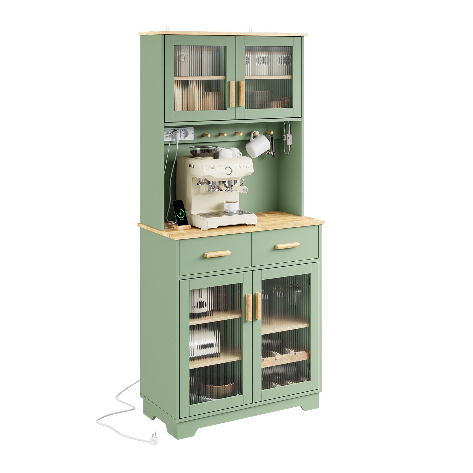SoBuy Küchenbuffet FSB108-E, Küchenschrank mit Weinregal, Vitrinenschrank mit LED-Licht (1er Set) Grüner Hochschrank mit 2 Steckdosen und 2 USB-Anschlüssen für Küche