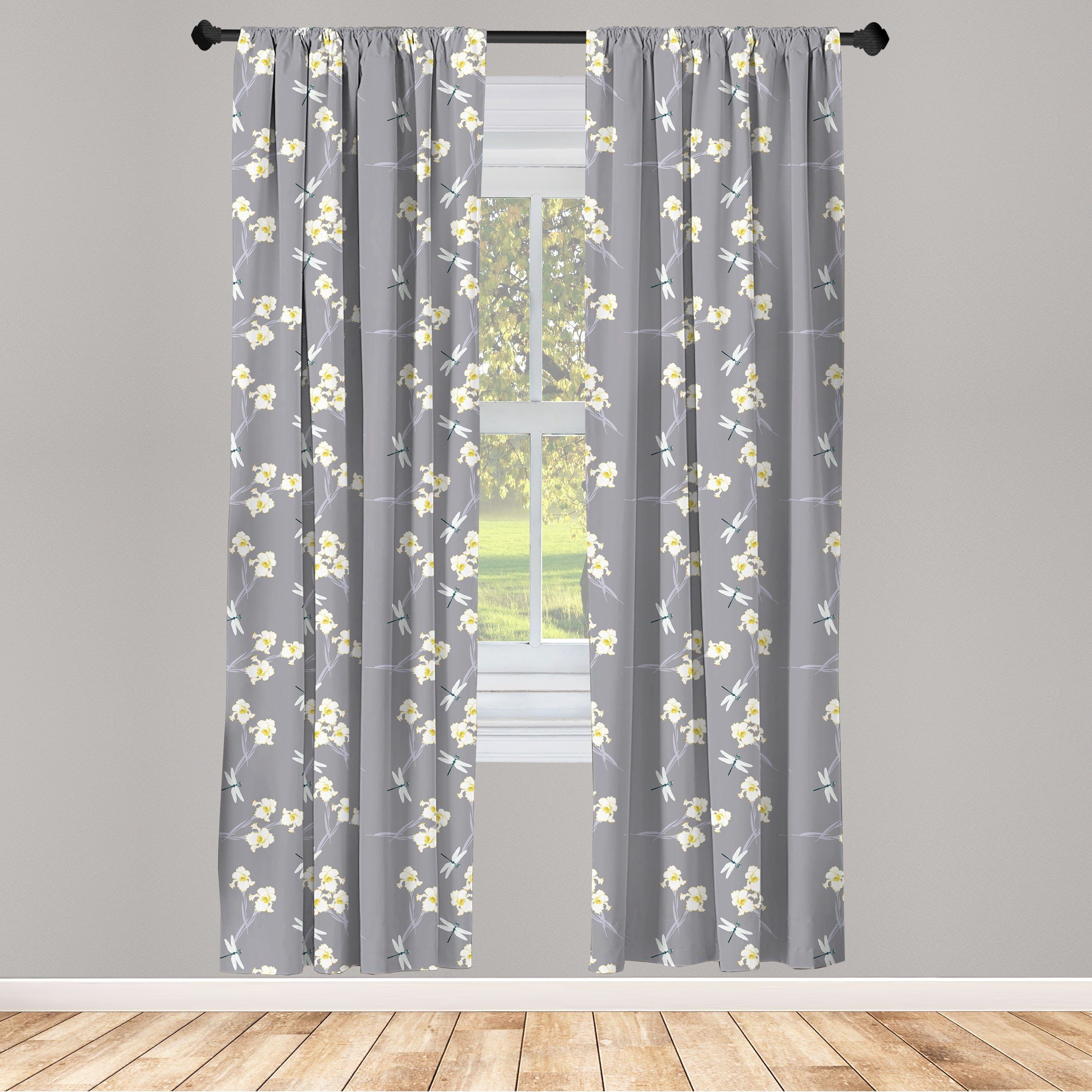 Gardine Vorhang für Wohnzimmer Schlafzimmer Dekor, Abakuhaus, Microfaser, Blumen Insekten Iris Libellen