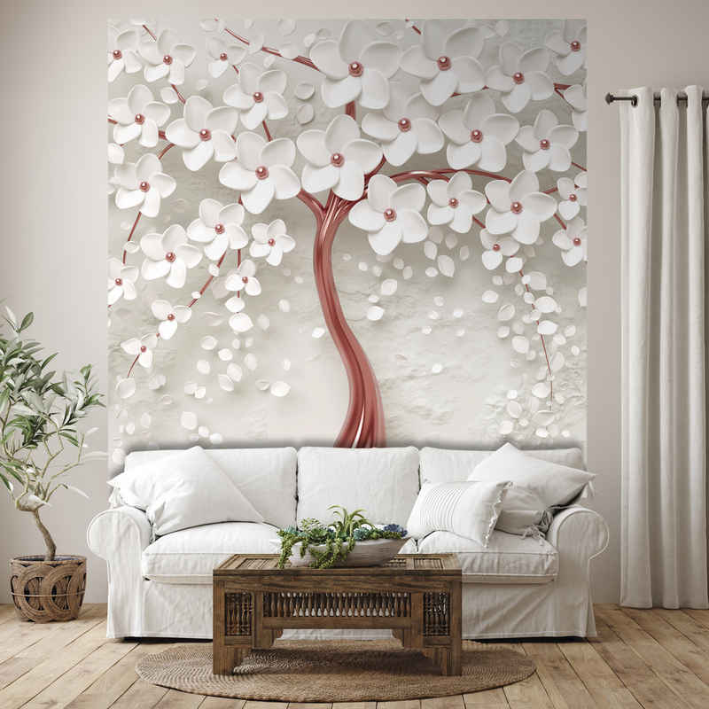 wandmotiv24 Fototapete roter Baum mit Blüten, glatt, Wandtapete, Motivtapete, matt, Vliestapete, selbstklebend