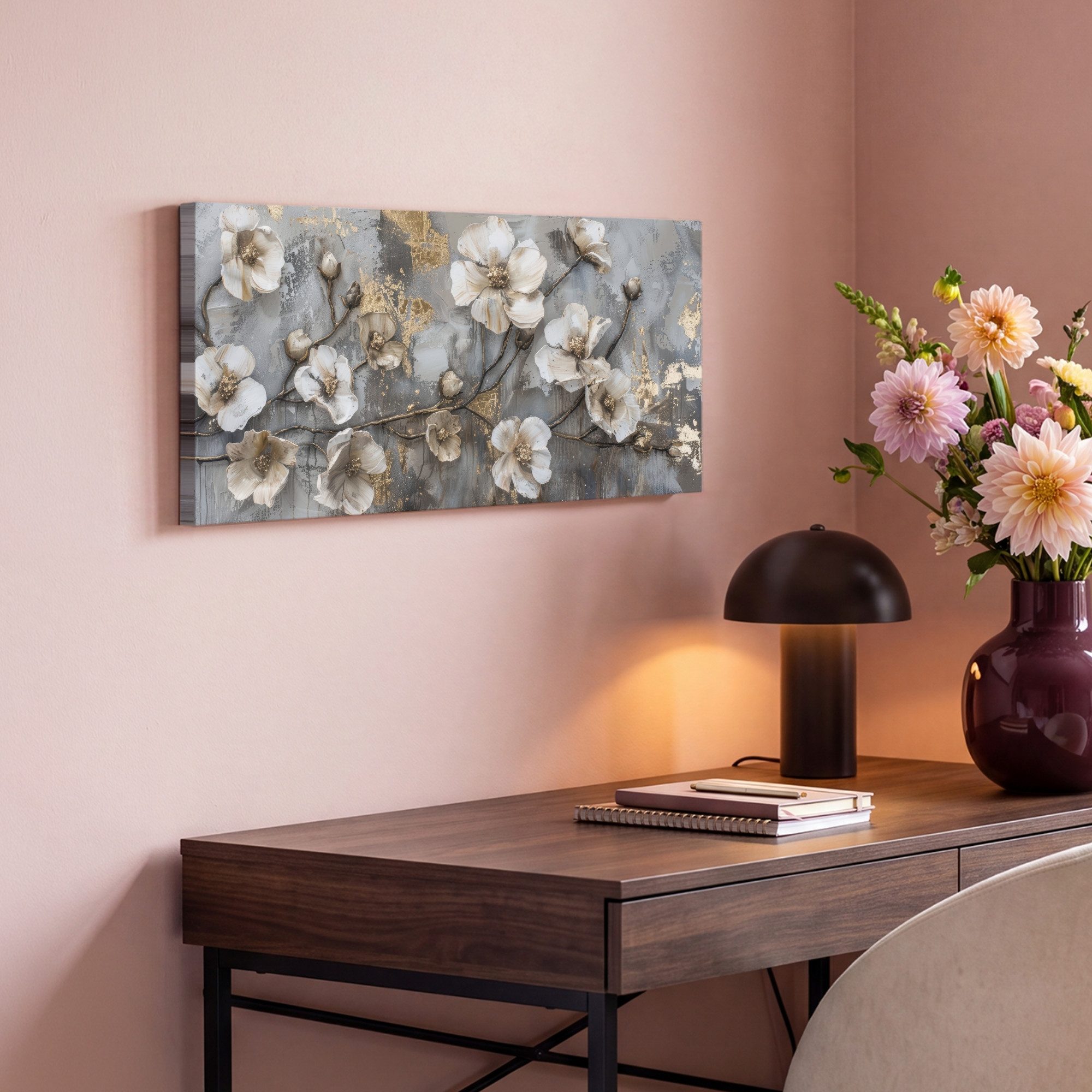 OneMillionCanvasses® Leinwandbild Panorama Blumen - Weiß - Grau - Gold - Luxus, Fotodruck (1 St), Wandbild, Deko Schlafzimmer Wohnzimmer Flur 40x20 cm – Bild 4 von 5