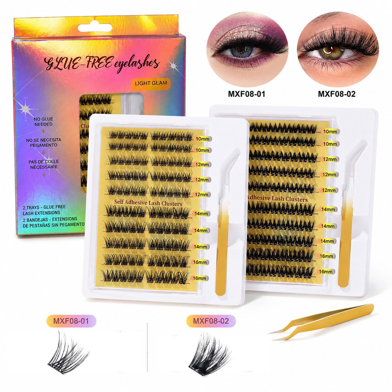 MOPUEA Einzelwimpern Selbstklebende Wimpern,Ohne Kleber Natürliche Lashes 200 Stück, mit Pinzette, Wiederverwendbare Wimpern Selbstklebend, 2 tlg., Wimpernbüschel mit C-förmigem Schwung, zwei Ausführungen