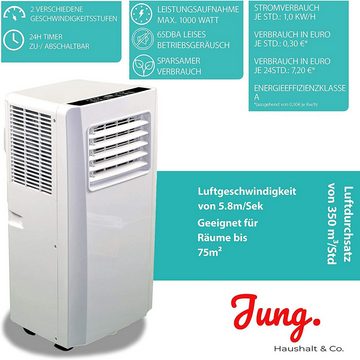 JUNG Klimagerät KA04 mobile Klimaanlage mit Fernbedienung 2.6 KW, mobiles Klimagerät, mit Heizung, mit Abluftschlauch, Airconditioner, Aircooler Luftkühler