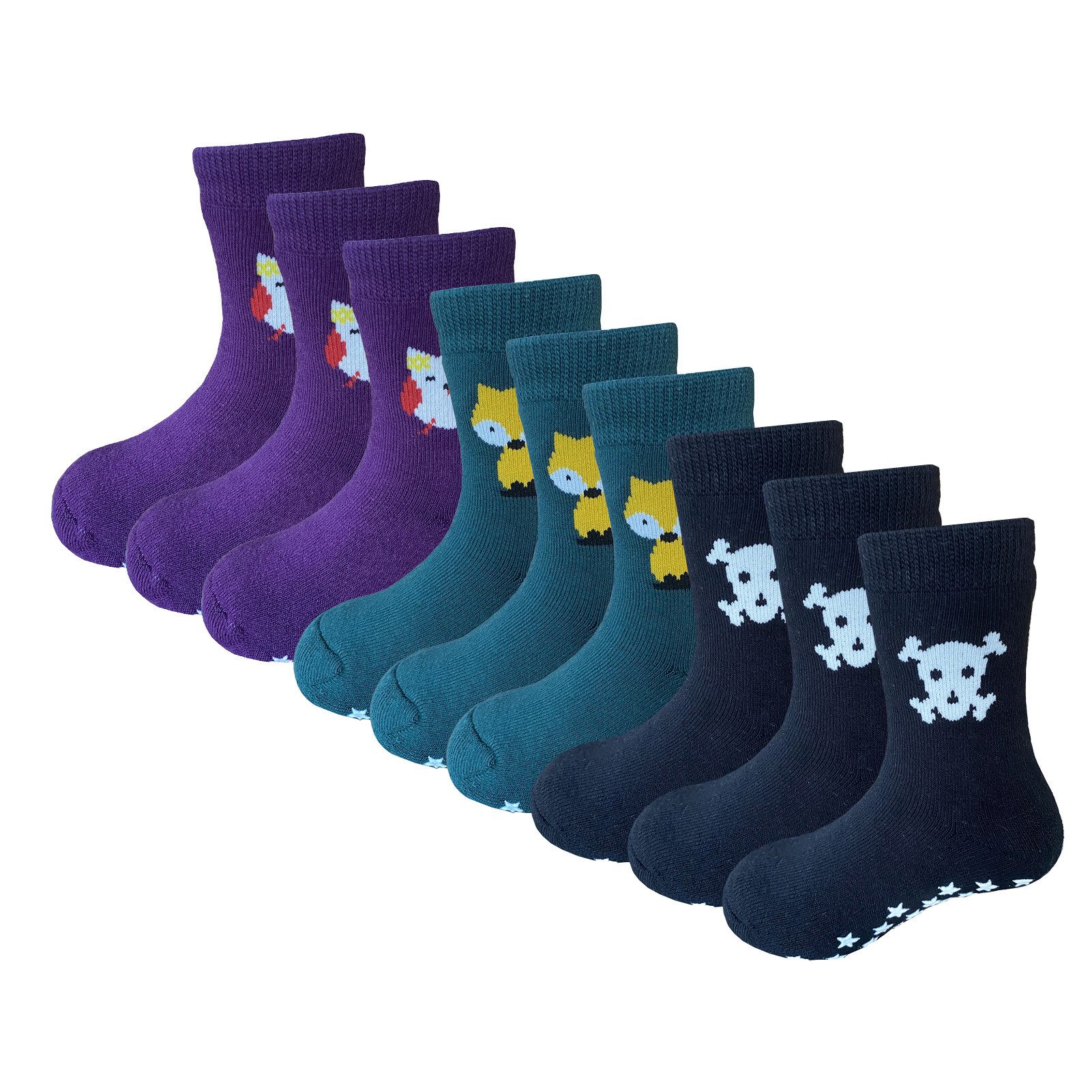 Yalion Langsocken 9er-Set Socken mit Tiermotiven & Stern-Stoppern (Set, 9-Paar, 9 Paar) Rutschfeste Sternen-Noppen