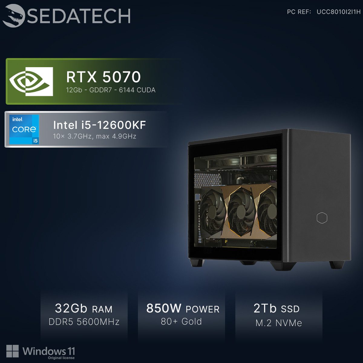Sedatech UCC8010I2I1HF - Watercooling Workstation Mini-PC (Intel Core i5 12600KF 10x 3.7GHz (max 4.9GHz), Geforce RTX5070 12GB, 32 GB RAM, 2000 GB SSD, Watercooling, Wlan 6E)