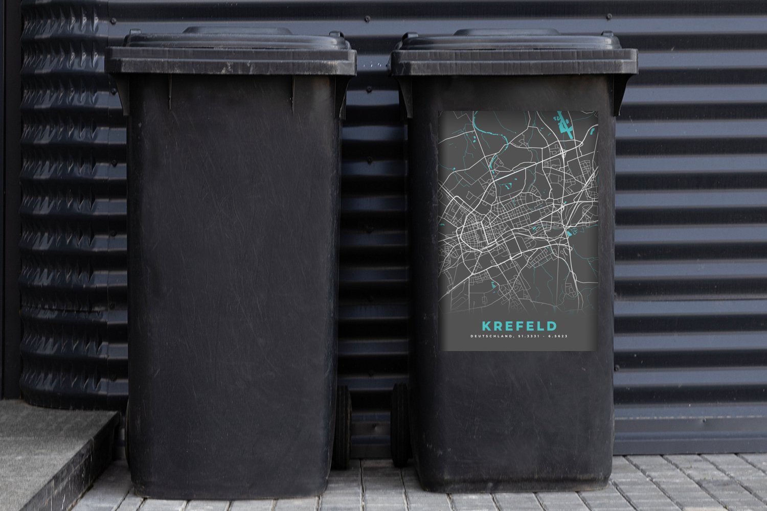 Sticker, Abfalbehälter Krefeld MuchoWow Wandsticker Deutschland - - Mülltonne, - (1 Mülleimer-aufkleber, - Container, Karte Blau St), Stadtplan