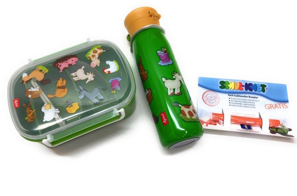 Isolierflasche Bärbel Set Bauernhof Sigikid mit Edelstahl und Knete Steinnacher Lunchbox Kindergeschirr-Set (3-tlg),