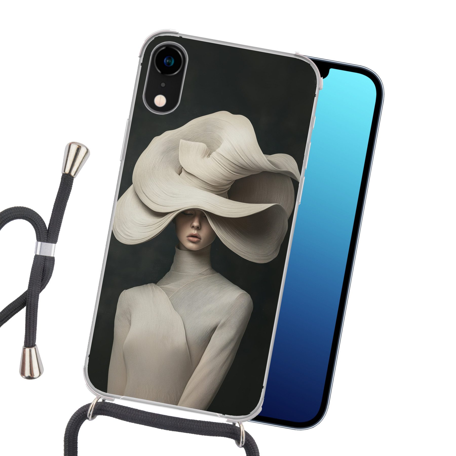 MuchoWow Handyhülle für Apple iPhone XR Modern - Frau - Hut, Tragbare Handyhüllen mit Kette zum umhängen, Handykette Handyband