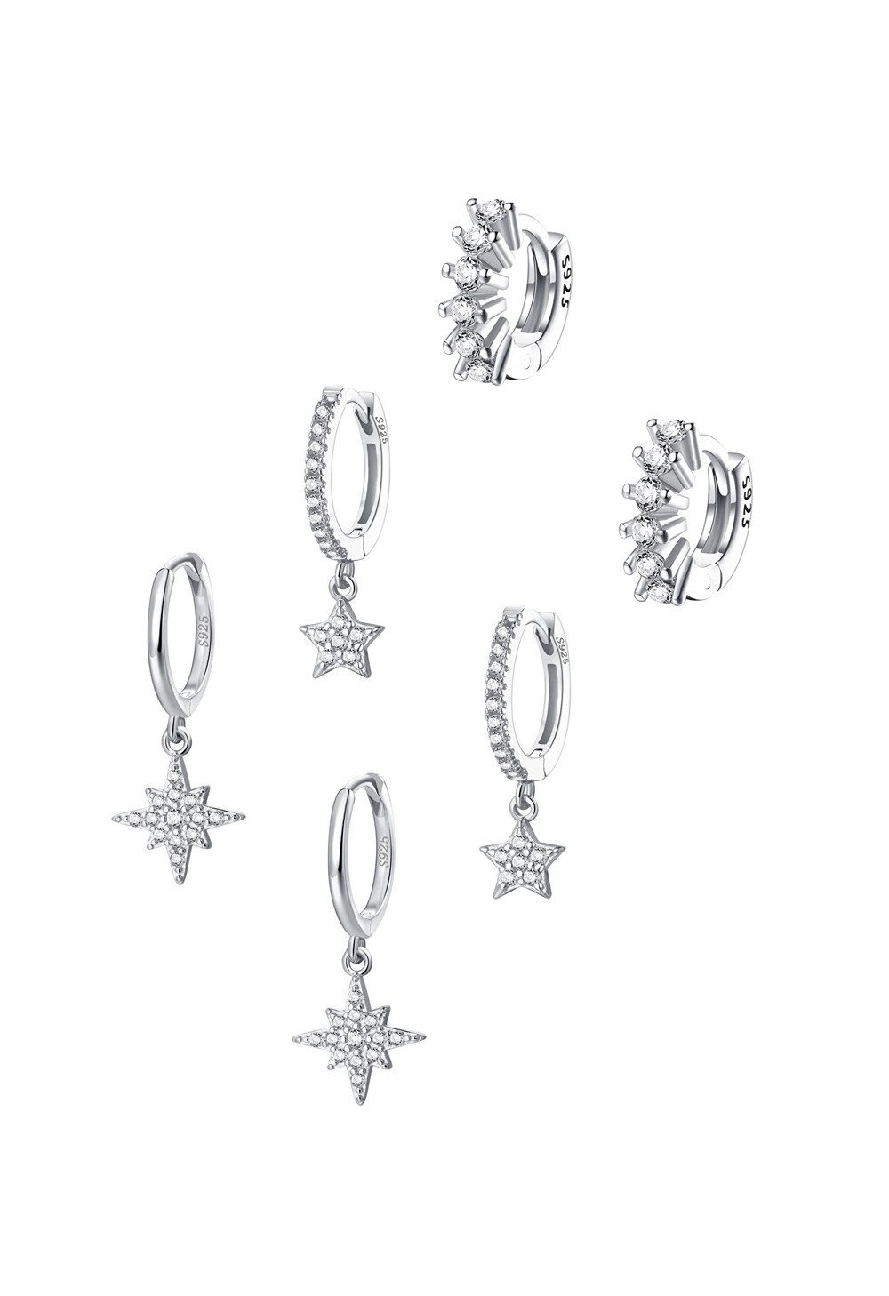 Hey Happiness Ohrring-Set Kristall Sterne, 6er 925 Silber Damenset, Layer Nord Stern Creolen & kleine Helix Huggies, Geschenk Idee
