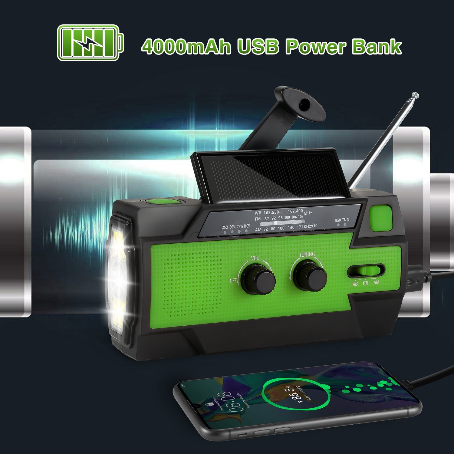 Radio Lospitch USB Tragbar AM/FM Kurbelradio 4000mAh Wiederaufladbar Solar Radio