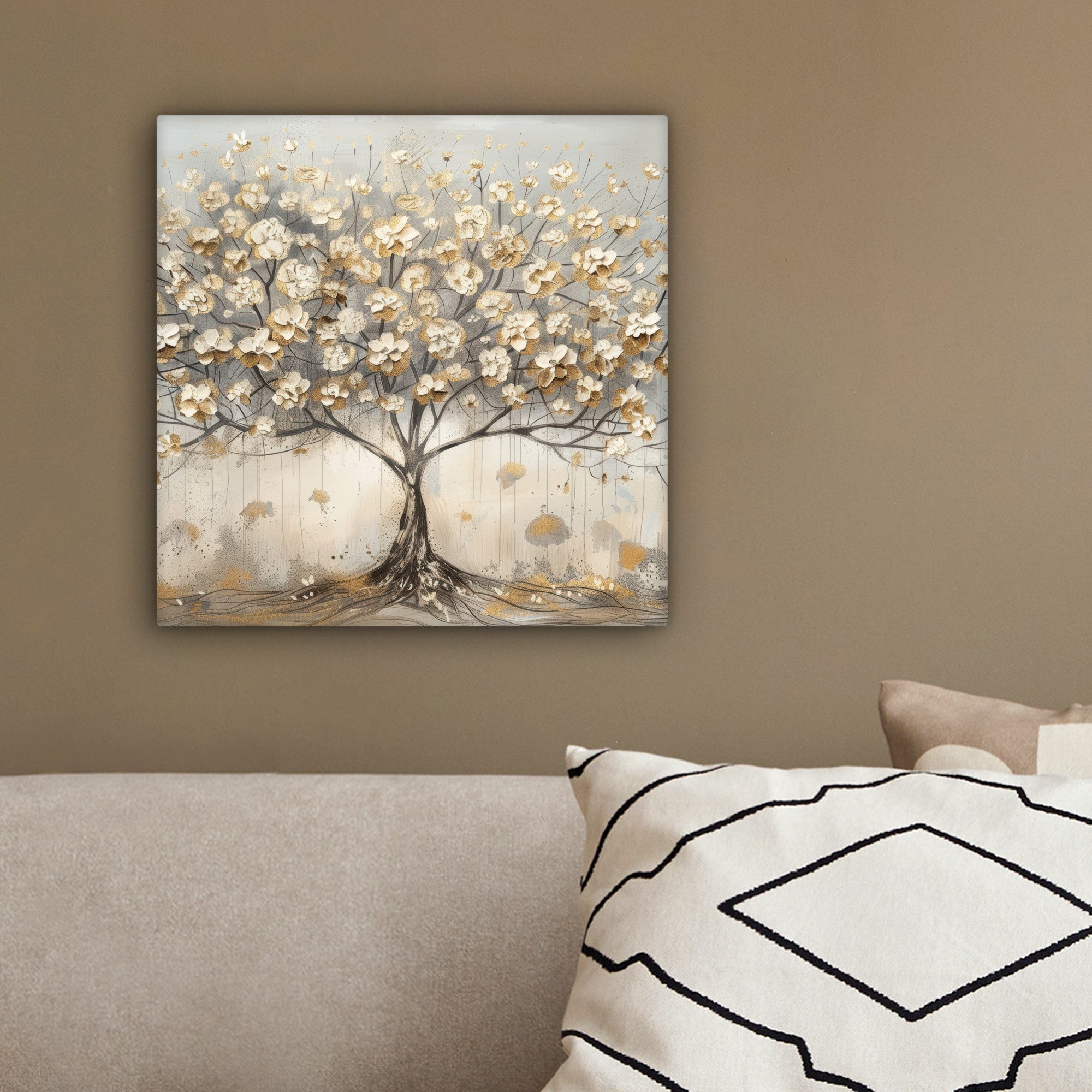OneMillionCanvasses® Leinwandbild Baum - Beige - Gold - Farben Optik - Grau, Fotodruck (1 St), Wandbild, Deko Schlafzimmer Wohnzimmer Flur 20x20 cm