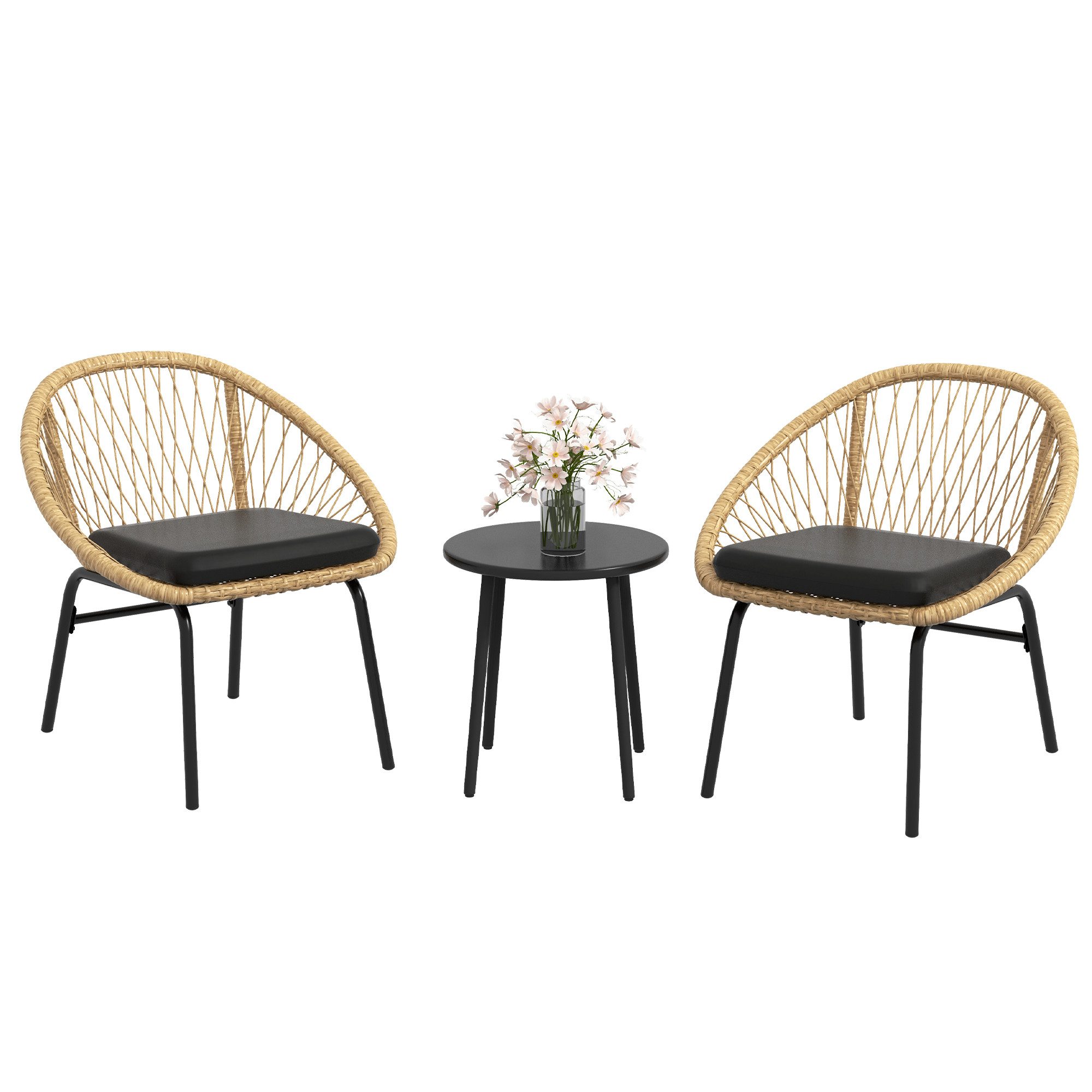 Outsunny Gartenlounge-Set 3-tlg. Rattan Gartenmöbel-Set Balkonmöbel-Set mit Couchtisch 2 Stühlen, (Sitzgarnitur, 3-tlg., Gartensitzgruppe), für Balkon, Terrasse, Polyester, Gelb