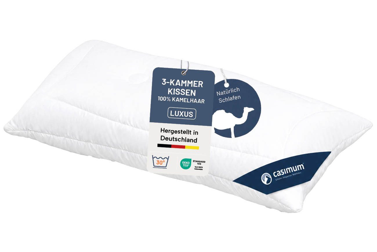 casimum 3-Kammer-Kopfkissen LUXUS Kamelhaar-Kissen 80x80, Kissen 40x80, hergestellt in Deutschland, Füllung: 100% Kamelhaar (Außenkammer), Bezug: 100 % Baumwolle, Seitenschläfer, Rückenschläfer, anschmiegsam & stützend, für Allergiker geeignet, atmungsaktiv