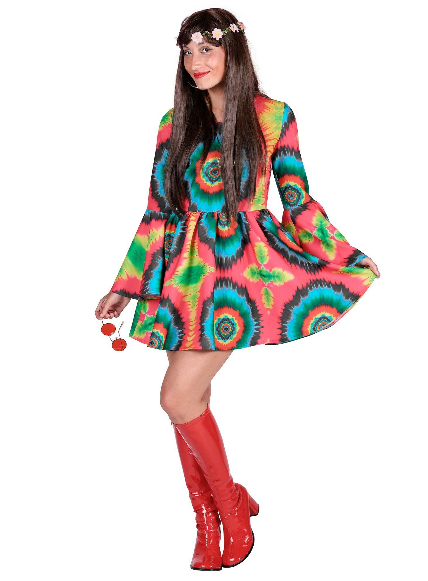 thetru Hippie-Kostüm Batikkleid Hippie - Karneval Faschingskostüm Damen, Langärmeliges Mini-Kleid in Batik-Optik