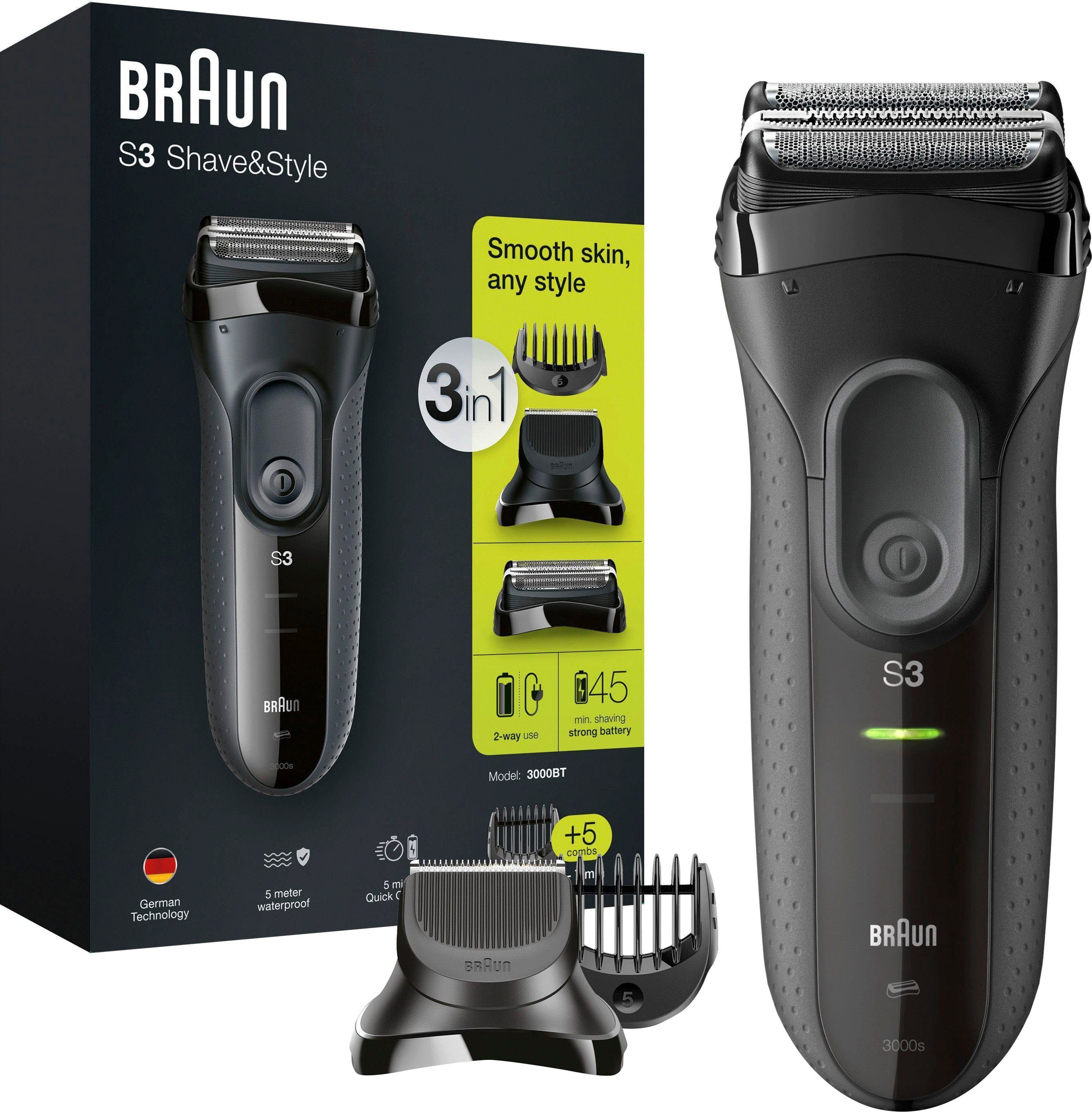 3 Shave&Style Braun Elektrorasierer 3000BT, Wet&Dry Series