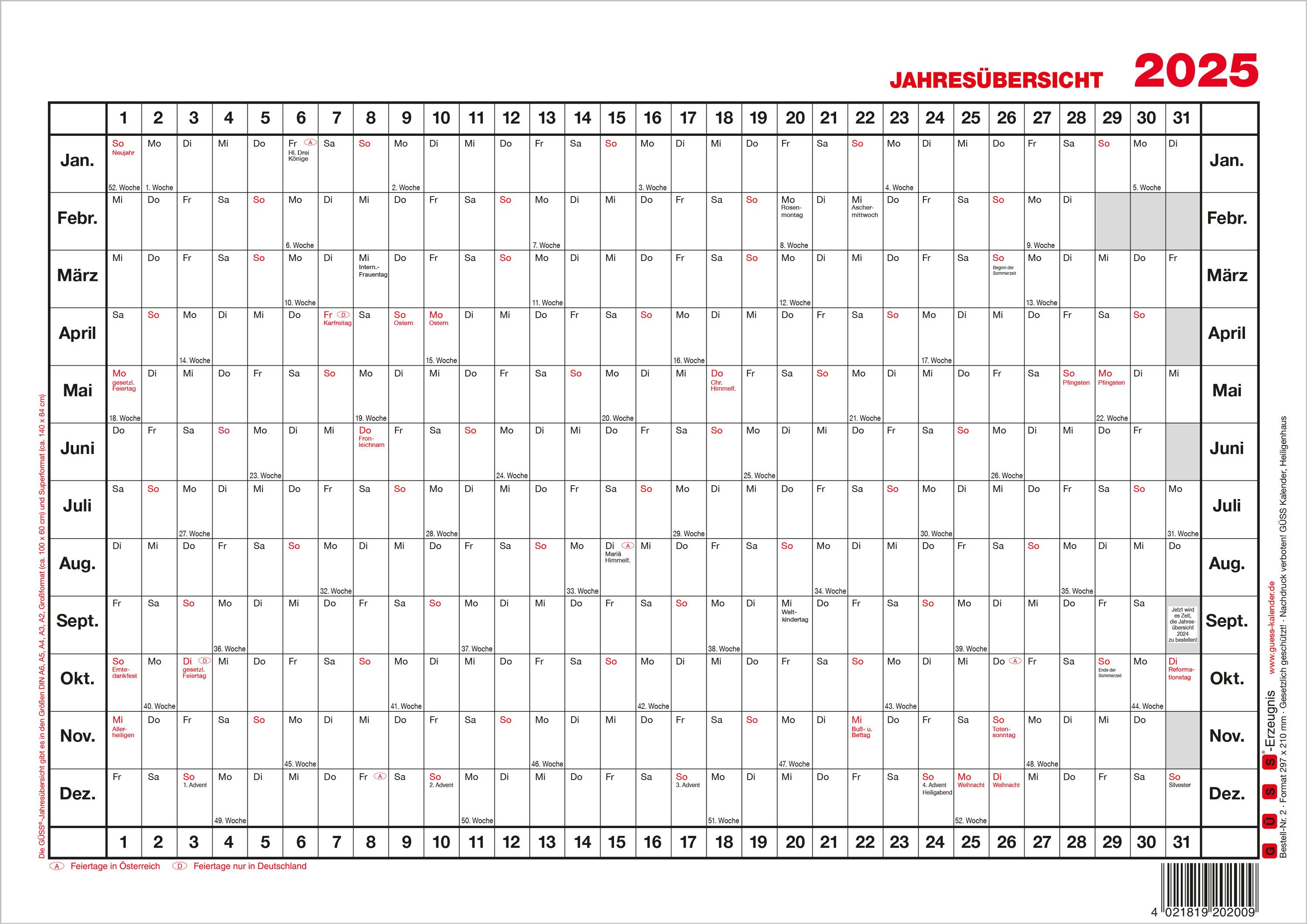 GÜSS Kalender Jahresplaner 2025 Güss Jahresübersicht A4