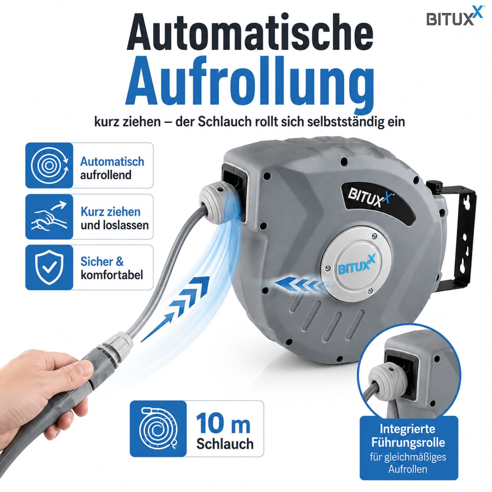 Bituxx Schlauchtrommel Wasser - 10 Meter Wand Wasserschlauchtrommel mit Automatik Aufroller, (1-tlg., MS-17755) – Bild 3 von 5