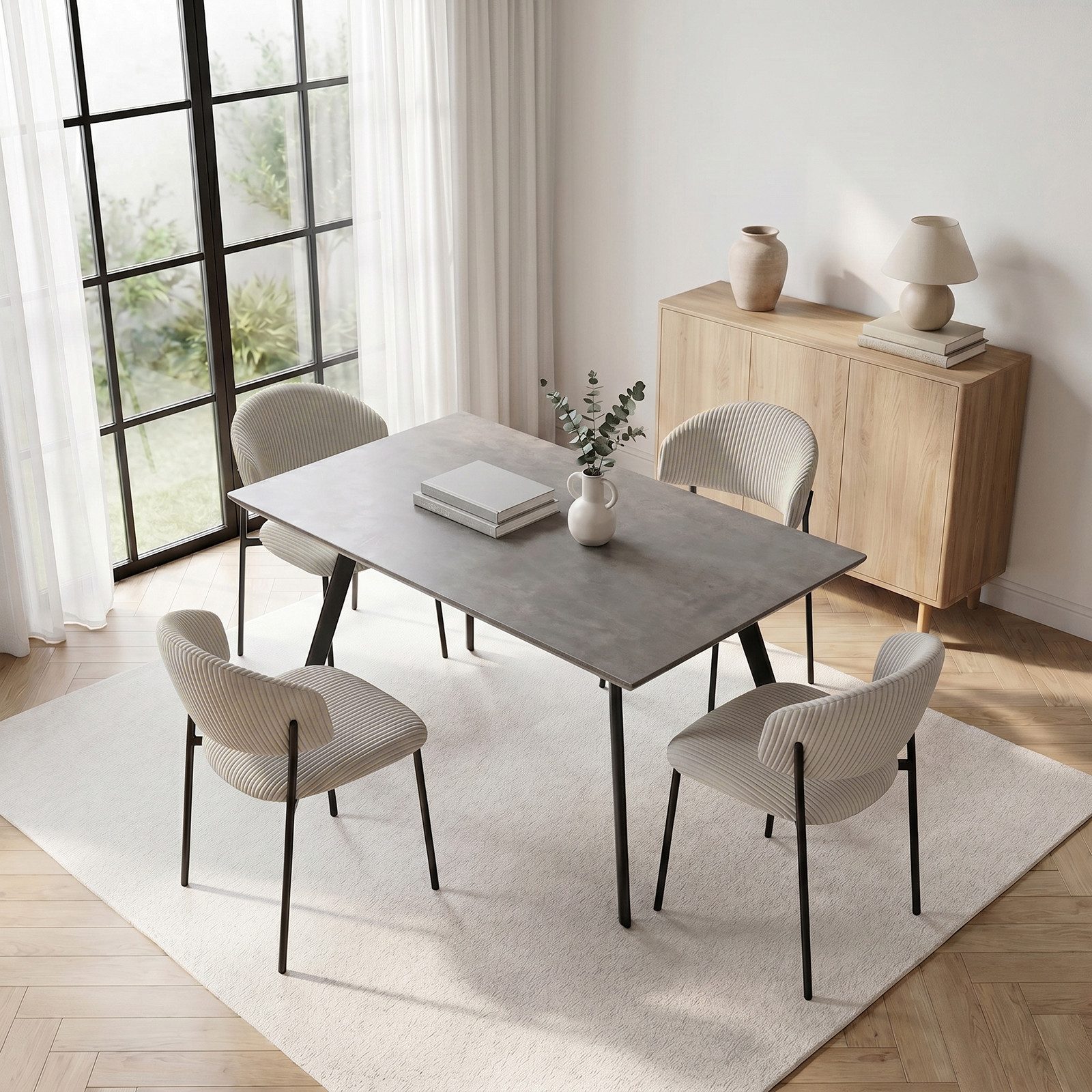 Jiexi Essgruppe Essgruppe 110x70 MDF-Tisch mit U-Metallgestell & Cord-Stühlen